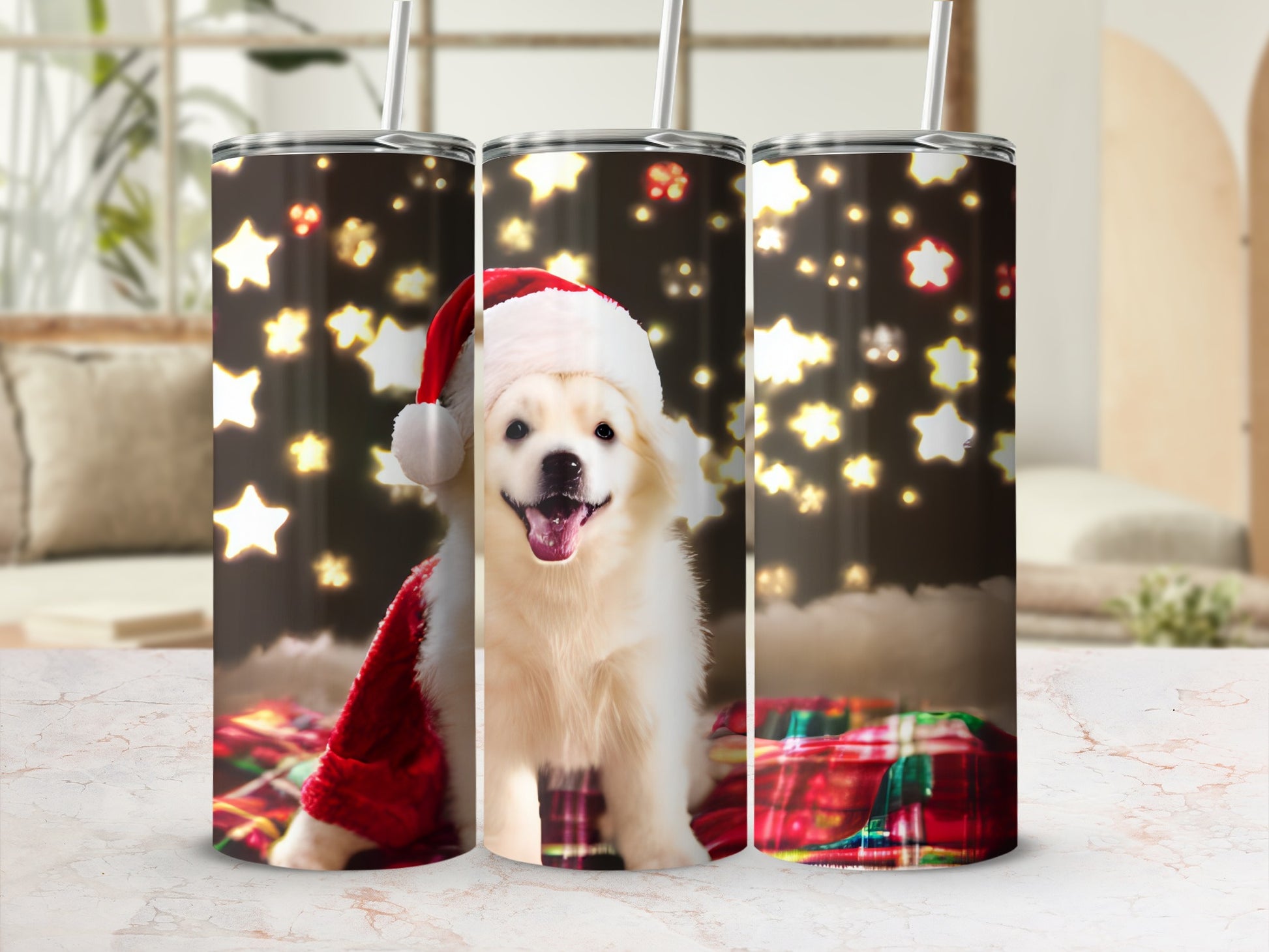 White fluffy dog wearing a Santa hat on a plaid blanket, festive background.