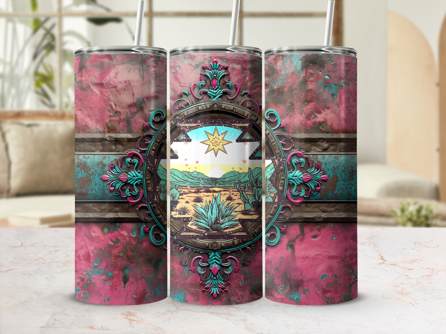 3D rendering of a tumbler with a distressed pink and teal desert landscape design.