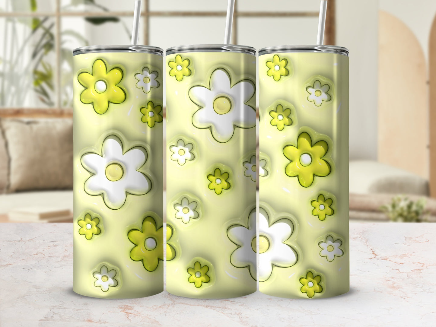 Trendy Green and White Floral Design Tumbler Cup