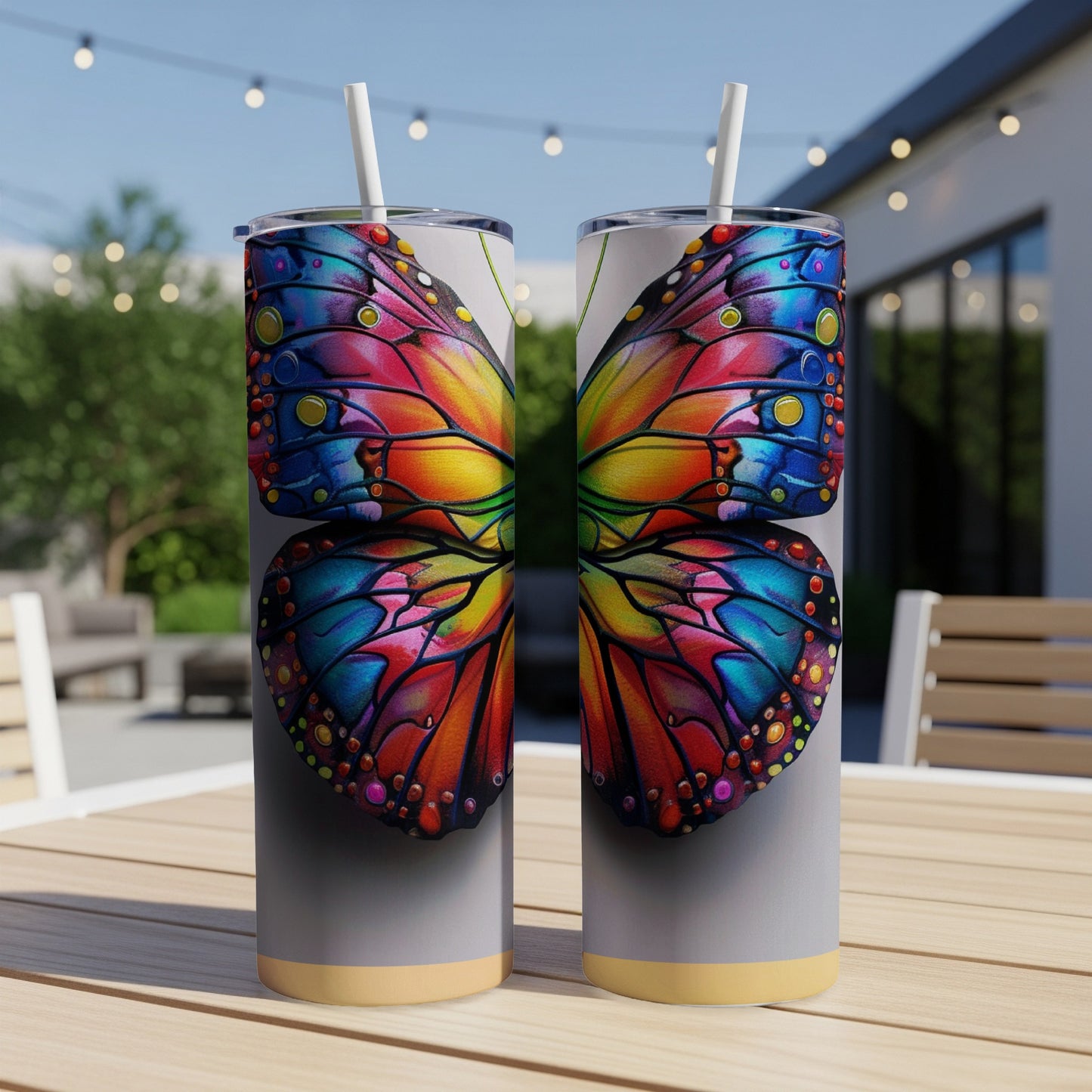 Two tall tumblers with vibrant butterfly wing design and straws, on a table.
