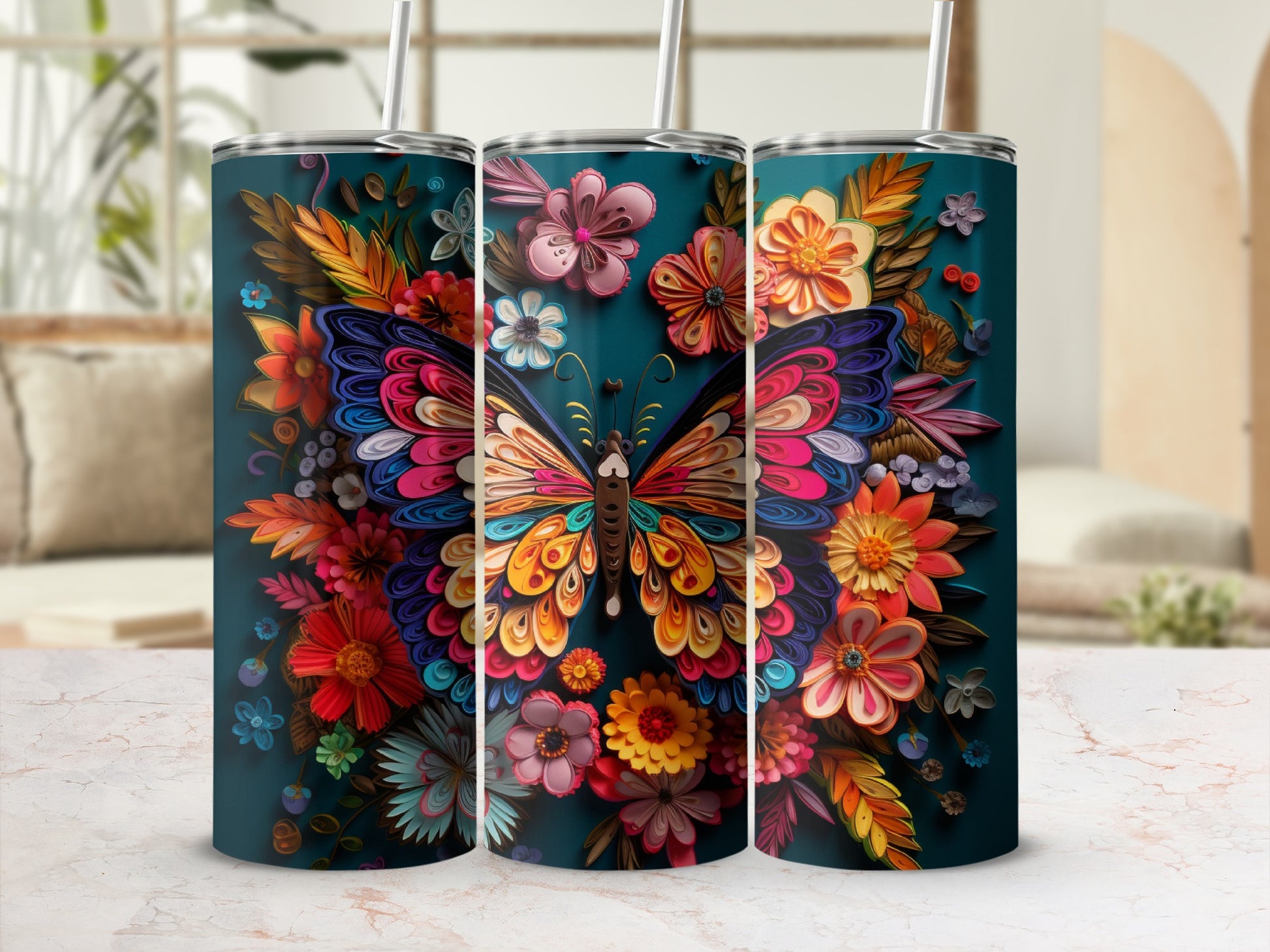 Colorful butterfly and floral design on a dark blue insulated tumbler.