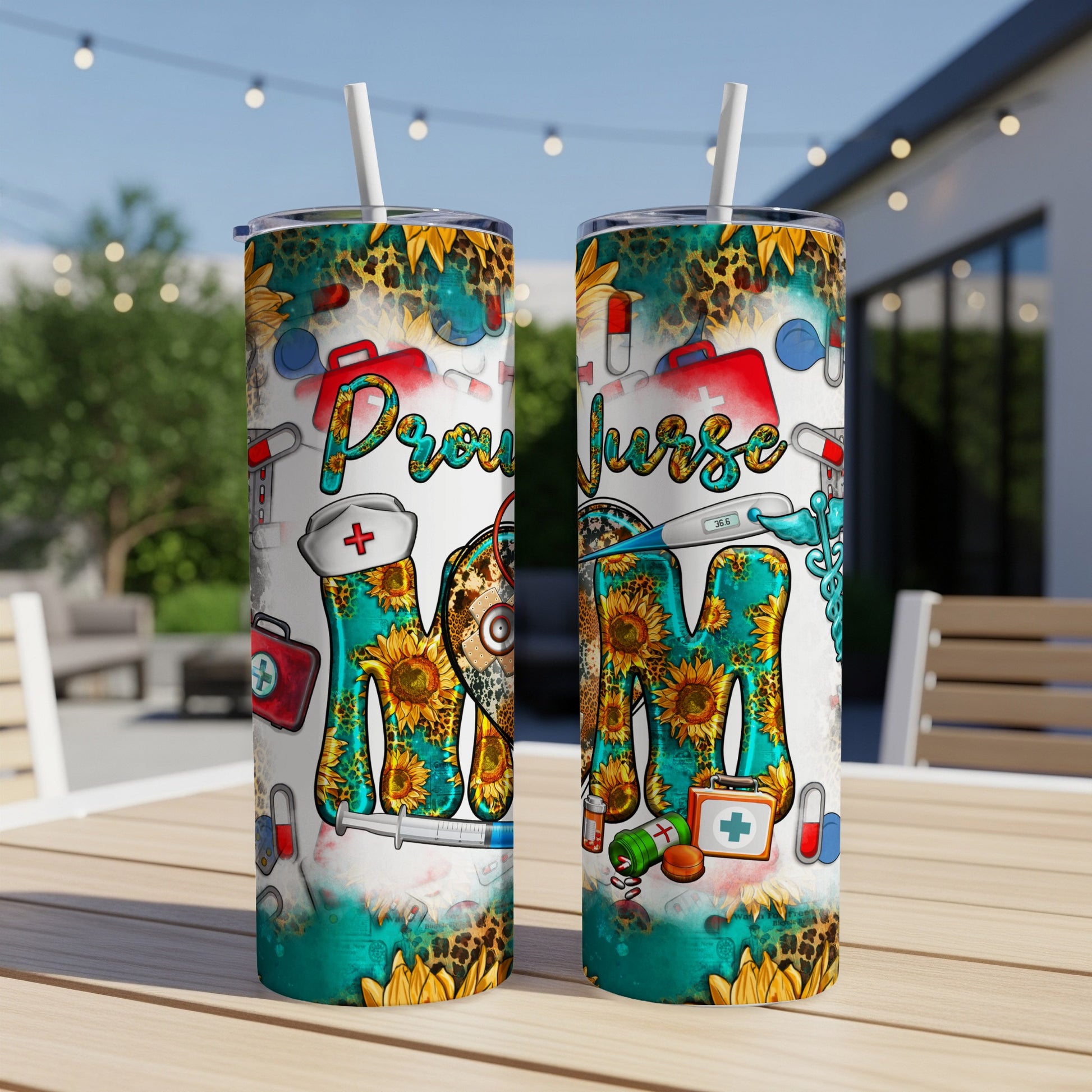 Proud Nurse tumbler with sunflowers, medical symbols, and stethoscope.