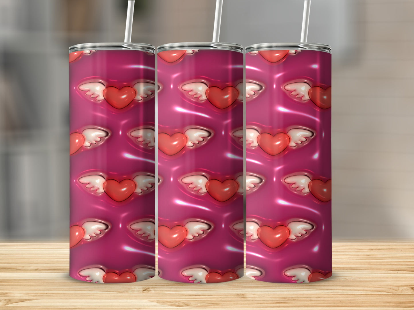 Cute Pink Heart with Wings Pattern Tumblers