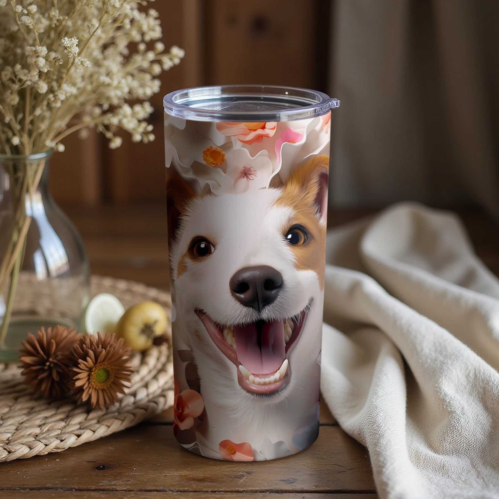 Happy Dog Face Floral Design Tumbler product type