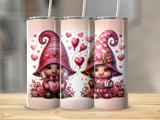 Three Valentine's Day gnomes holding hearts and gifts, adorned with hearts and flowers.