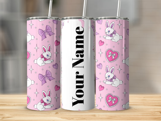 Personalized Pink Bunny Hearts and Bows Tumbler