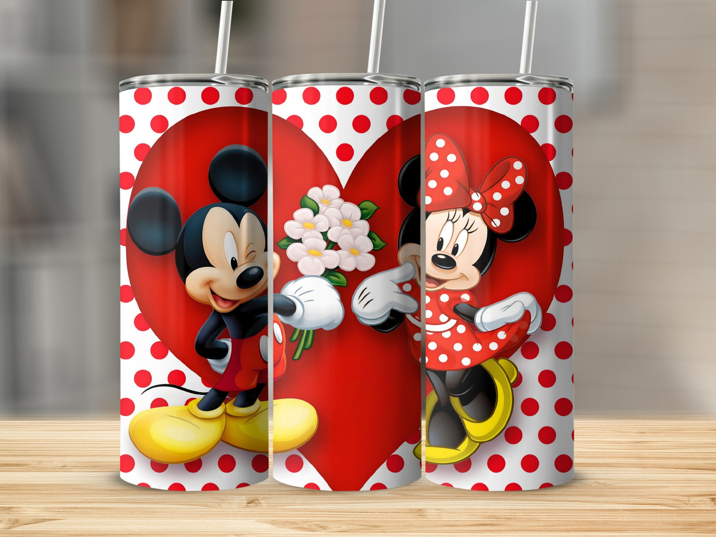 Cute Red Heart Mickey and Minnie Polka Dot Tumbler