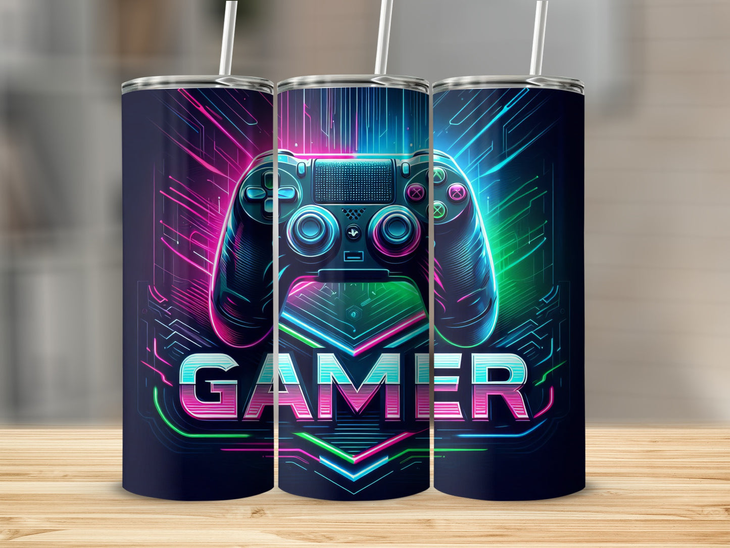 Three tumblers featuring a neon video game controller and "GAMER" text.