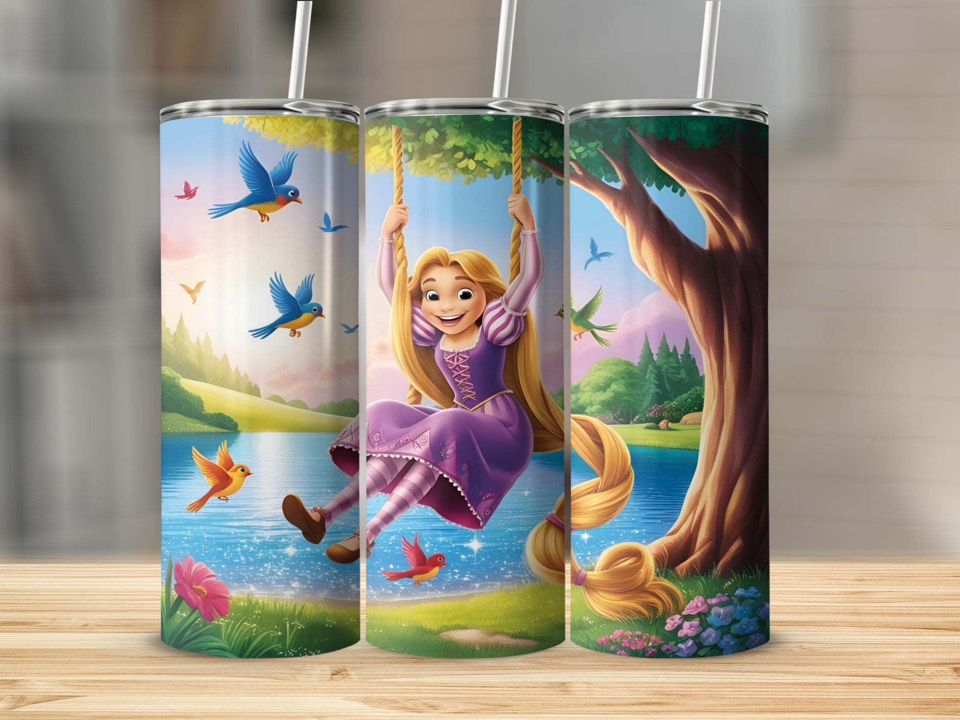 Rapunzel on a swing beside a lake, surrounded by birds and a tree.