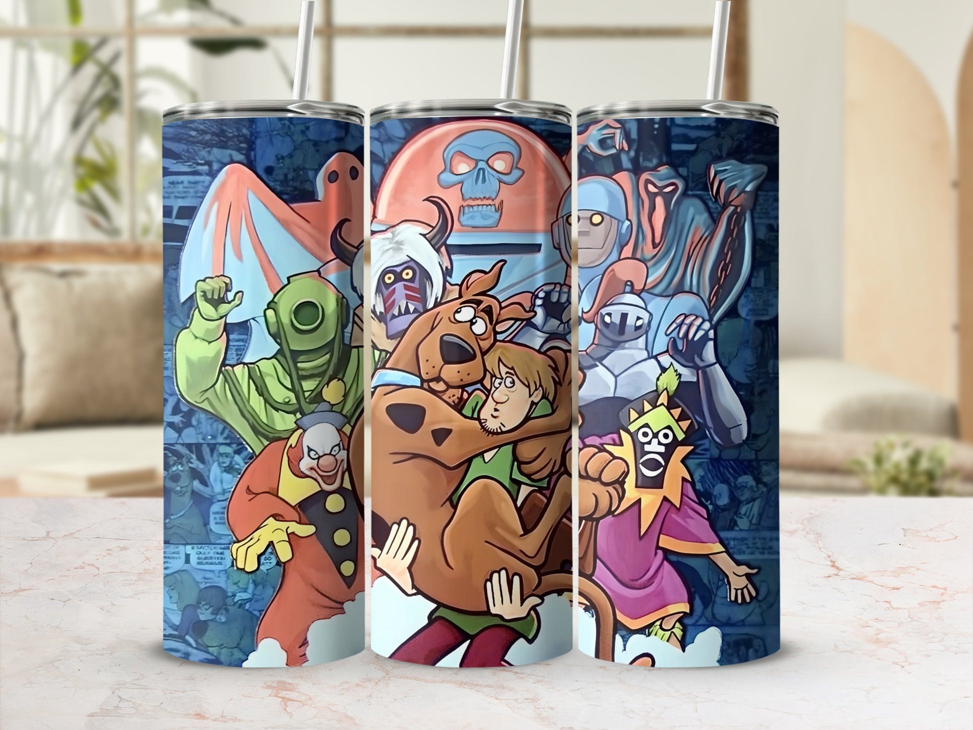 Scooby-Doo and Shaggy with monsters in cartoon style.