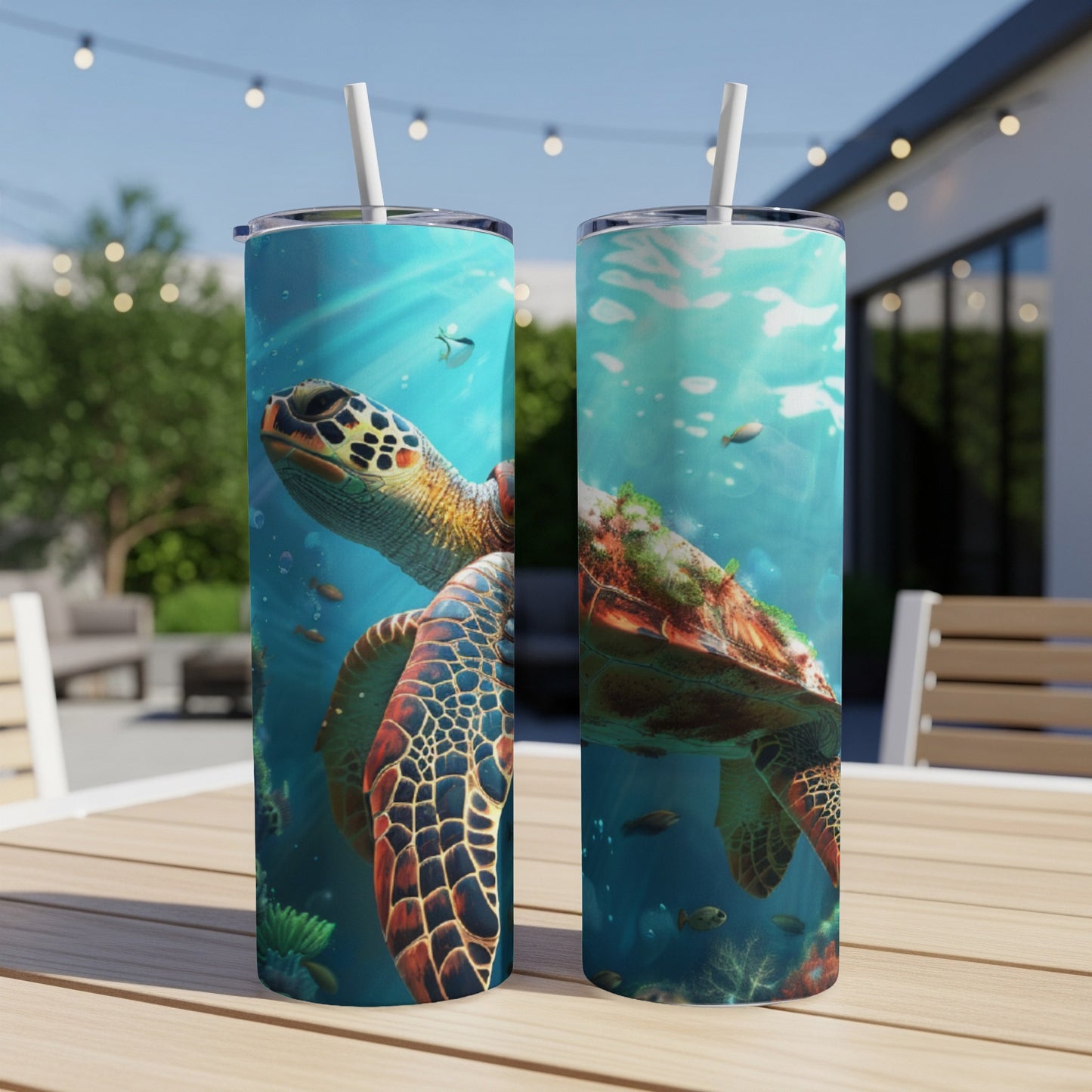 Two tumblers featuring a sea turtle swimming underwater with coral.