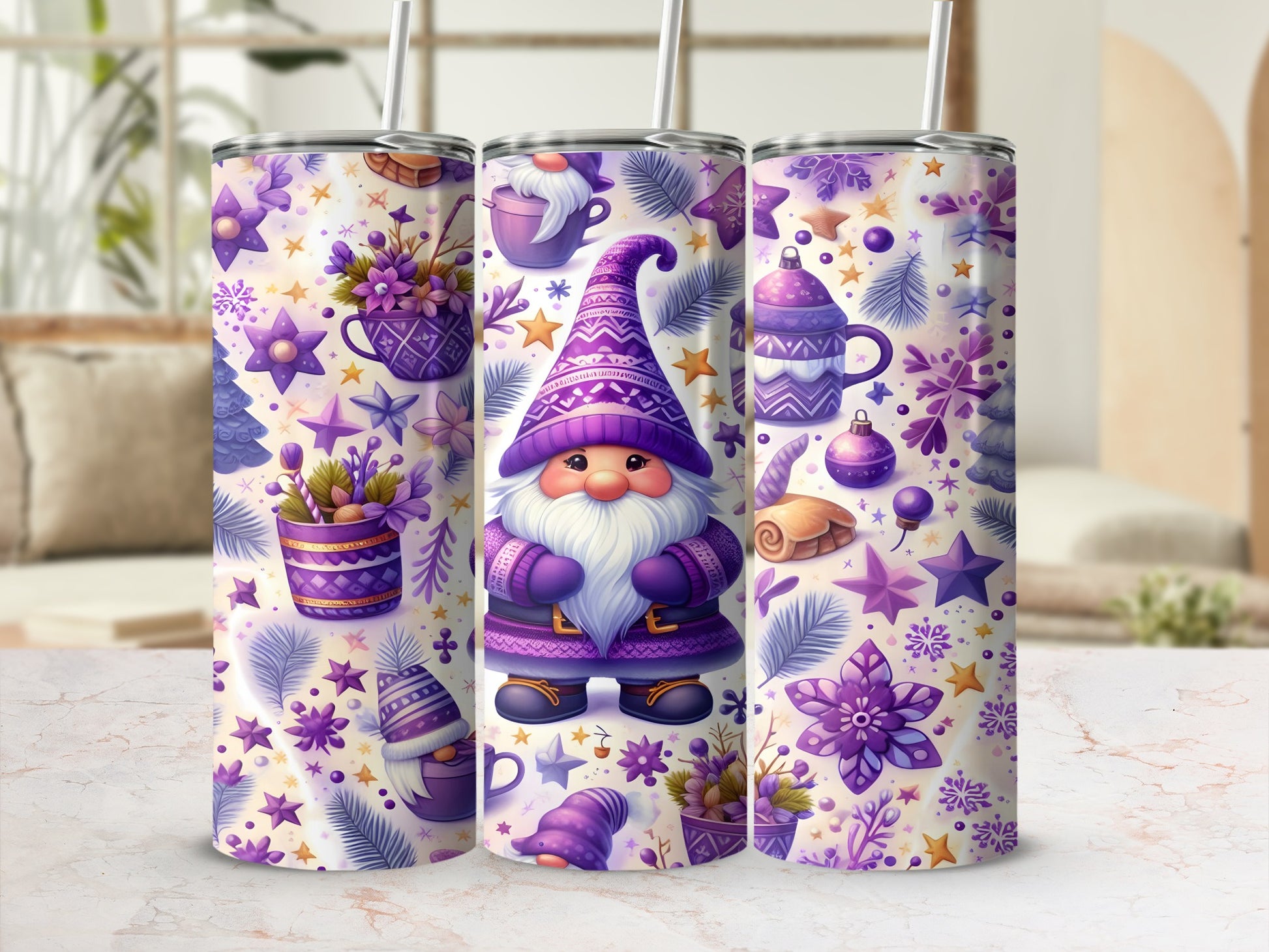 Purple gnome with snowflakes, stars, and floral patterns on a tumbler.