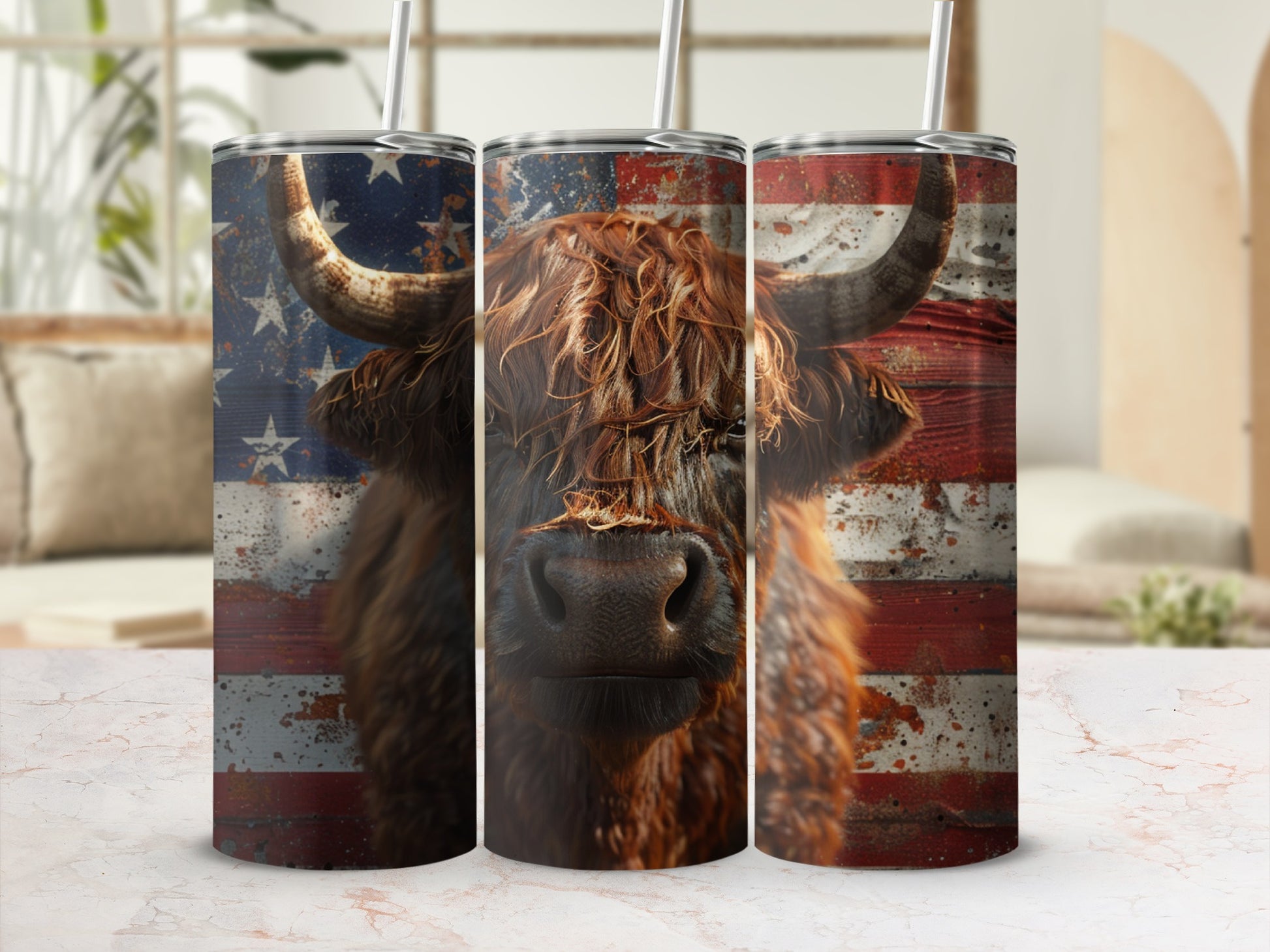 Highland cow with American flag design on three tumblers.