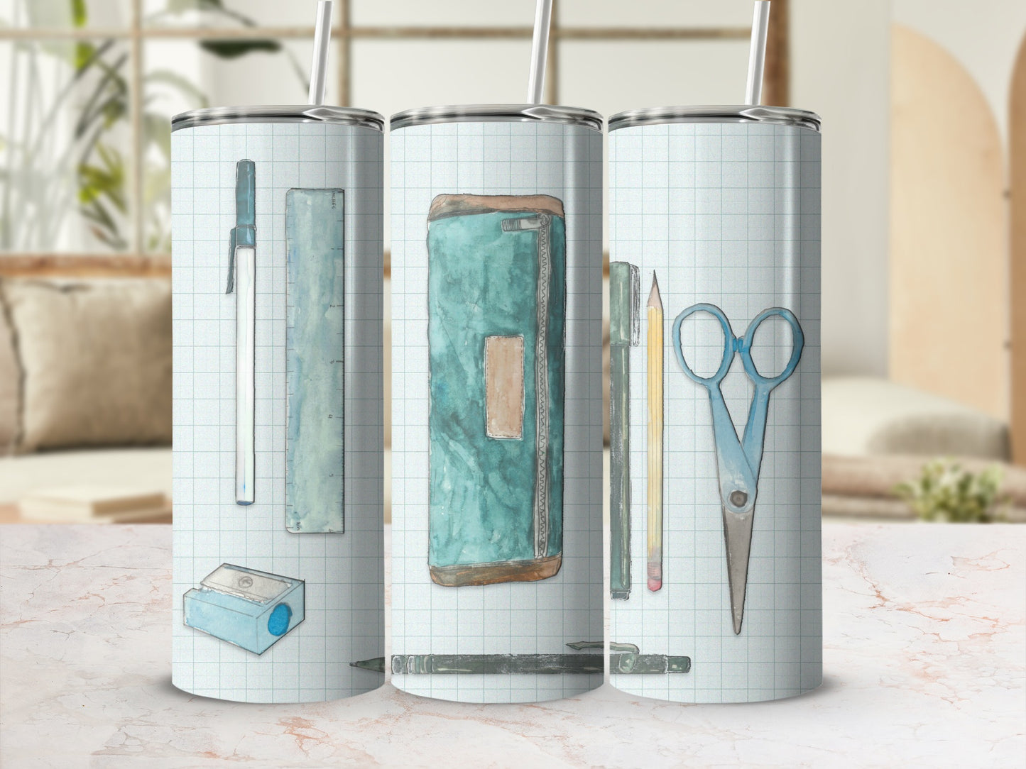 Tumbler with grid pattern featuring ruler, pencil case, scissors, and pencils.