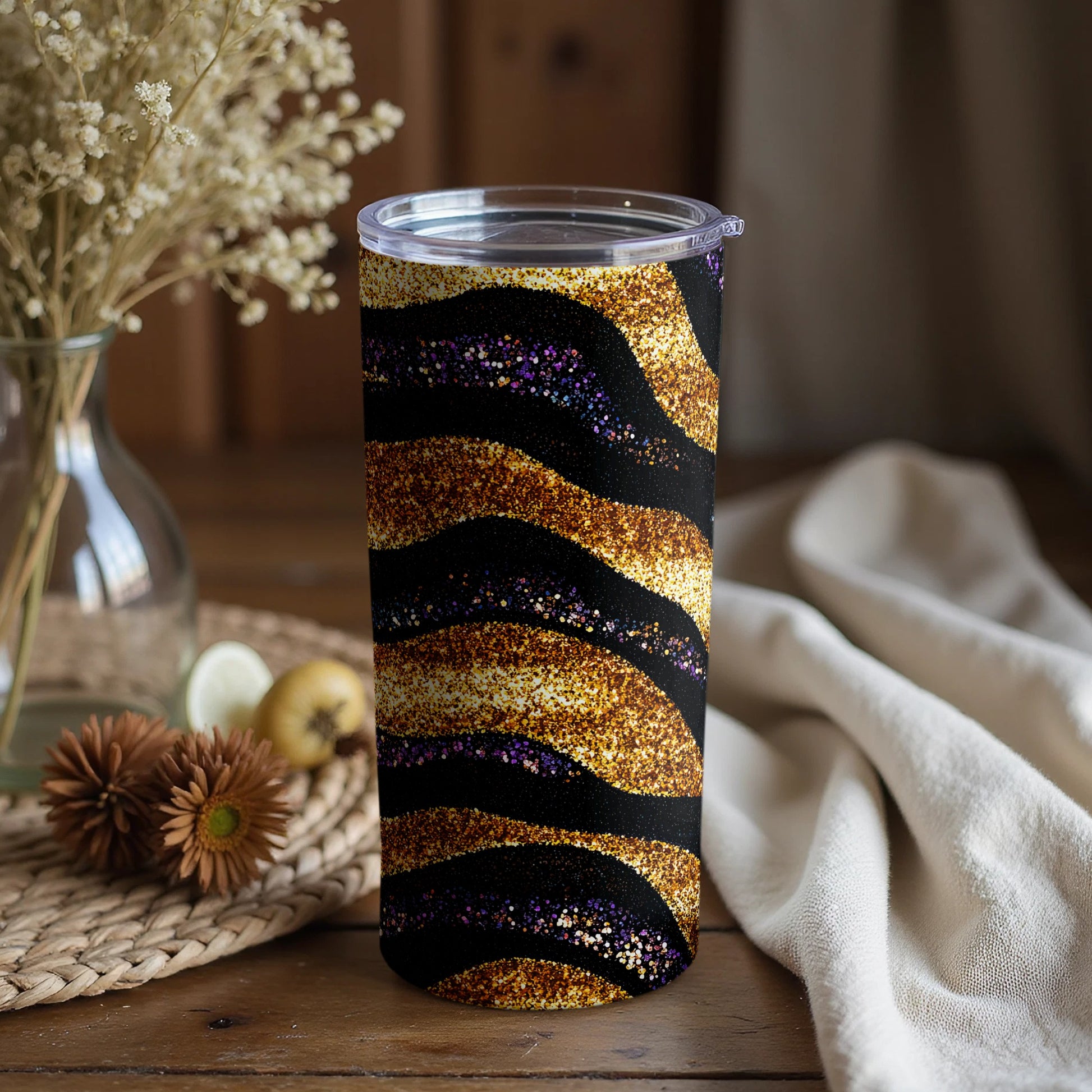 Sparkling Black and Gold Swirl Design Tumbler Product