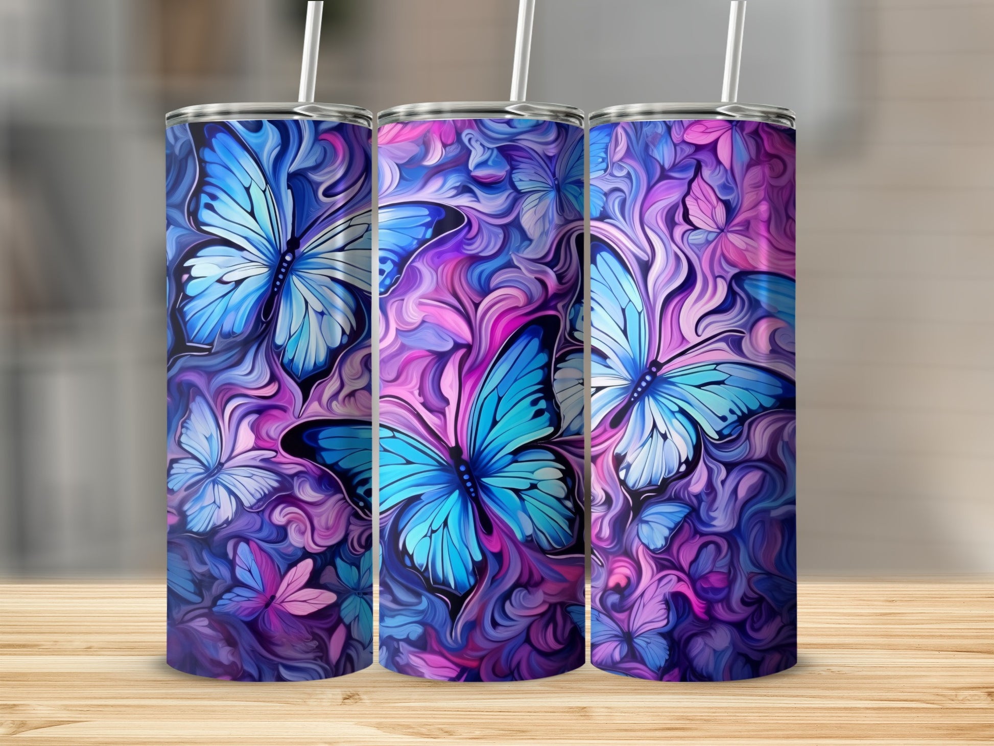 Blue Purple Pink Butterfly Swirls Skinny Tumbler product type