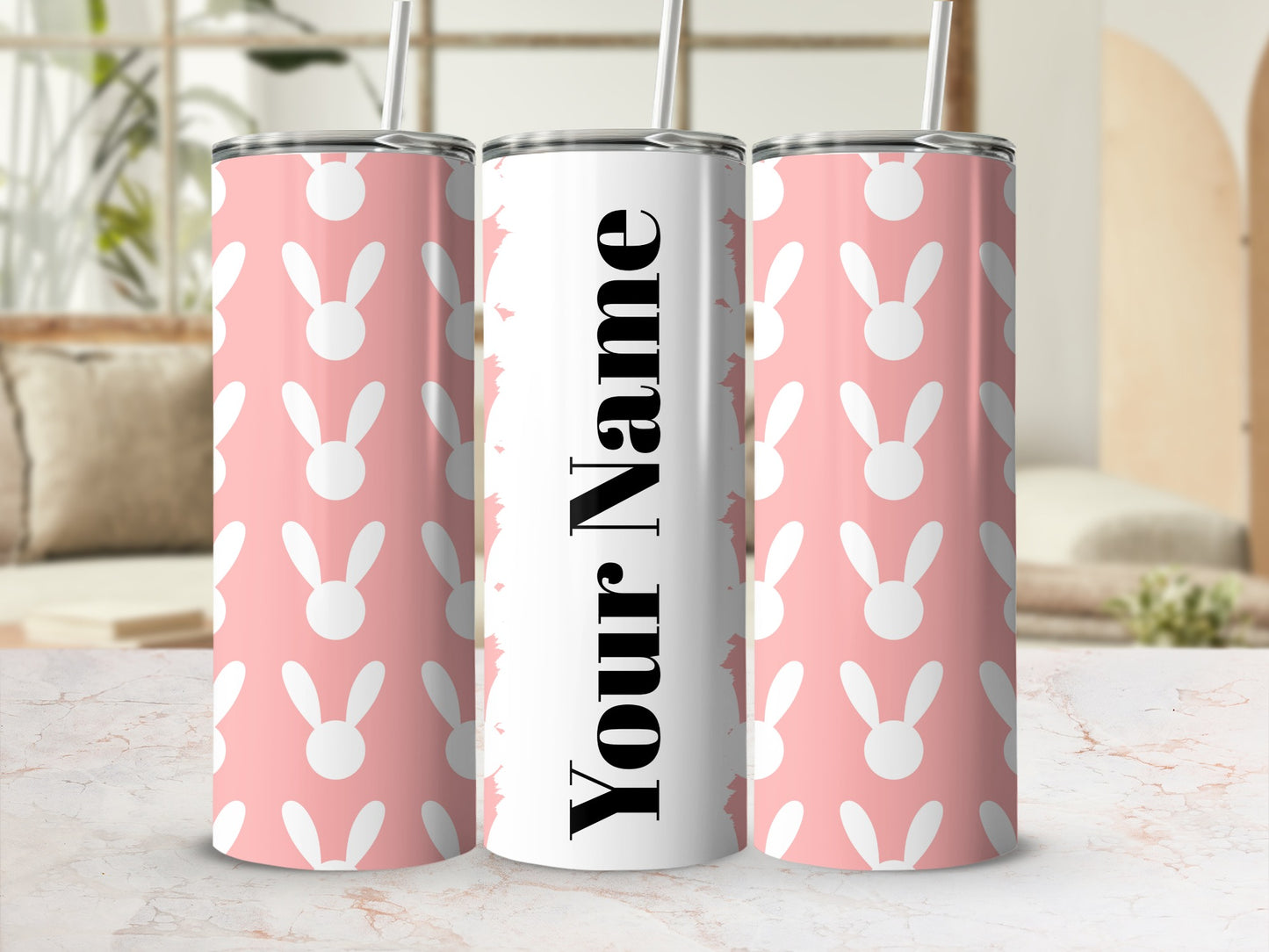 Personalized Pink Bunny Pattern Tumbler Cup with Straw
