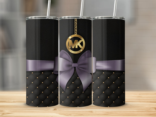 Elegant Black Tumbler with Purple Bow and Gold Accents