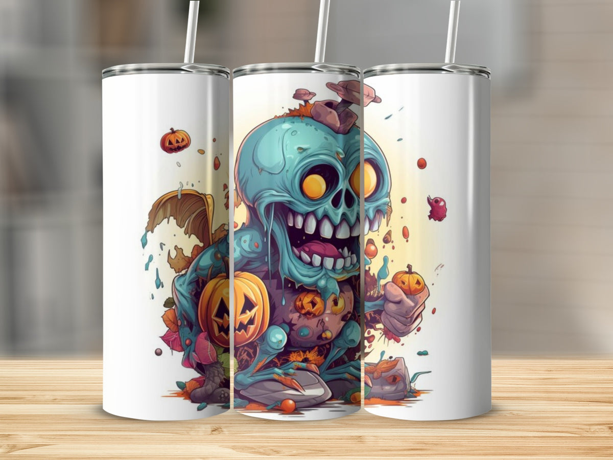 White tumblers with a colorful cartoon zombie and pumpkin Halloween design.