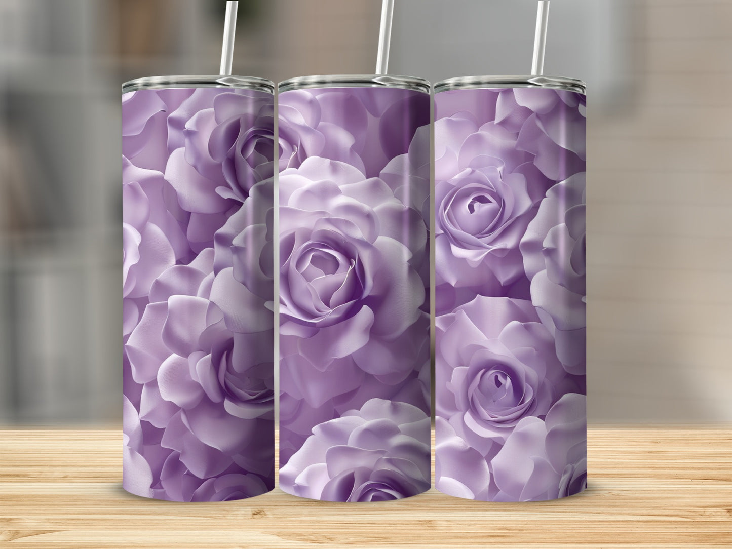 Three tumblers with a purple rose floral pattern.