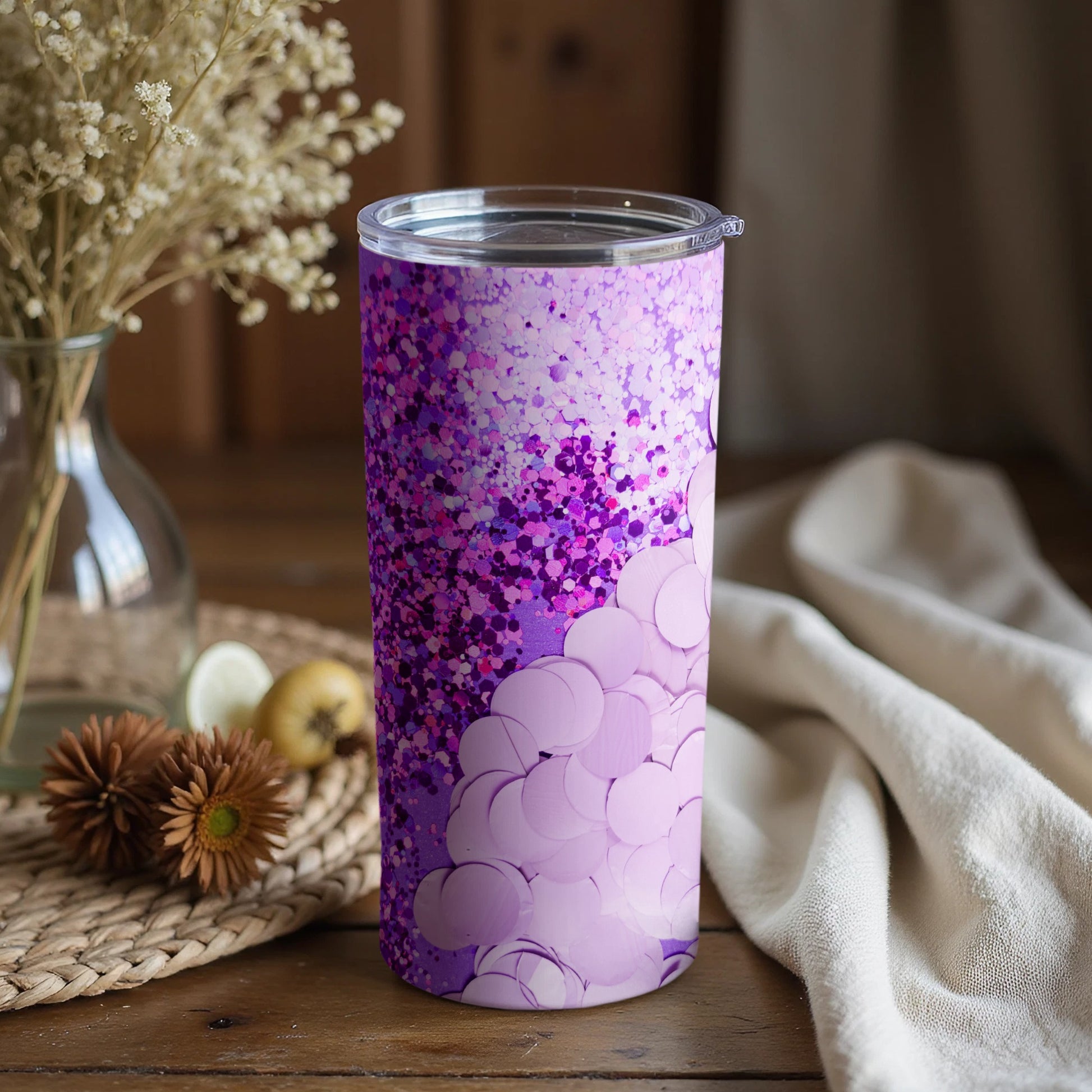 Purple Glitter and Pink Bubbles Design Tumbler