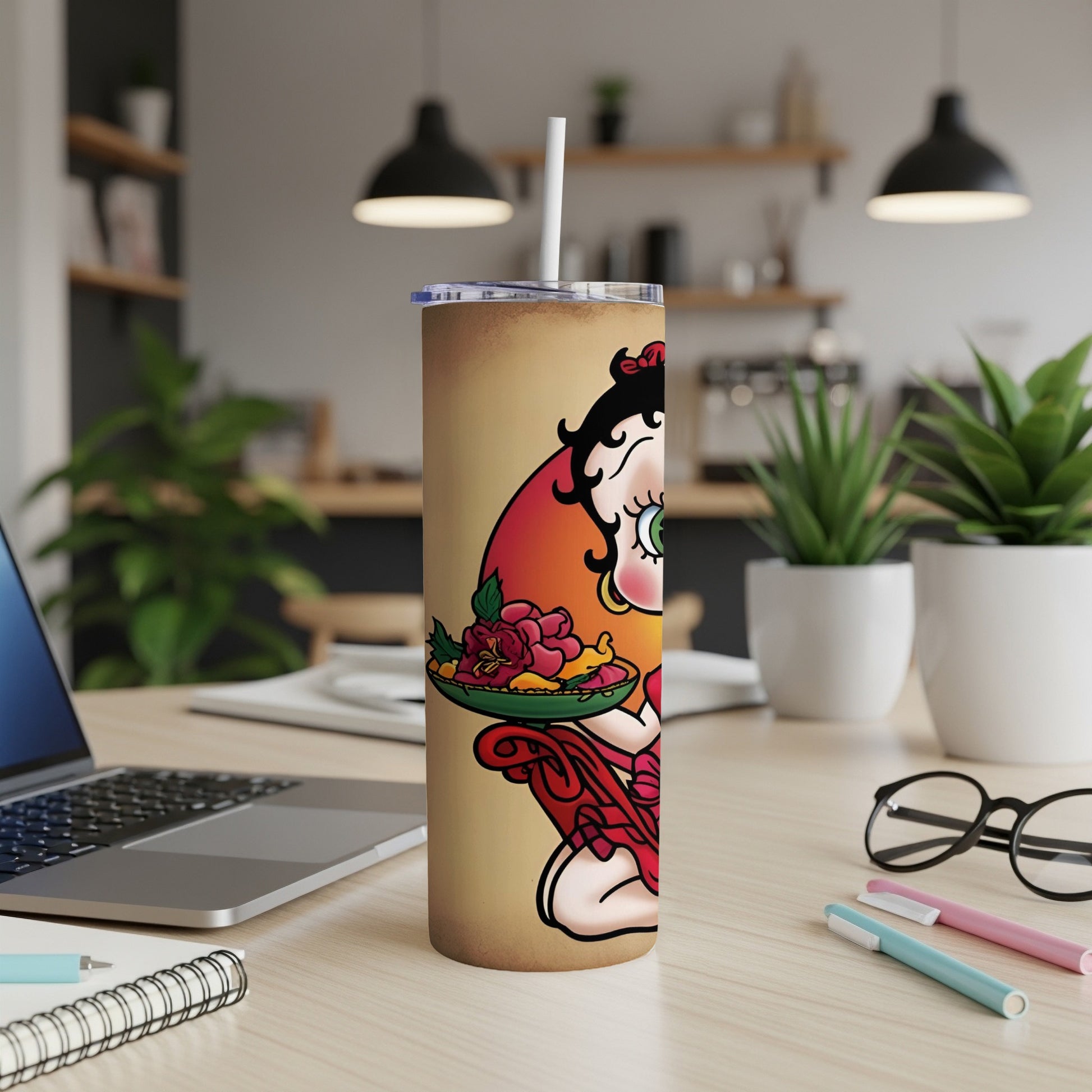 Betty Boop character holding a plate of food on a tumbler cup.