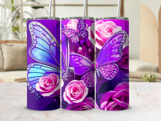 Purple tumbler with iridescent butterflies and pink roses.