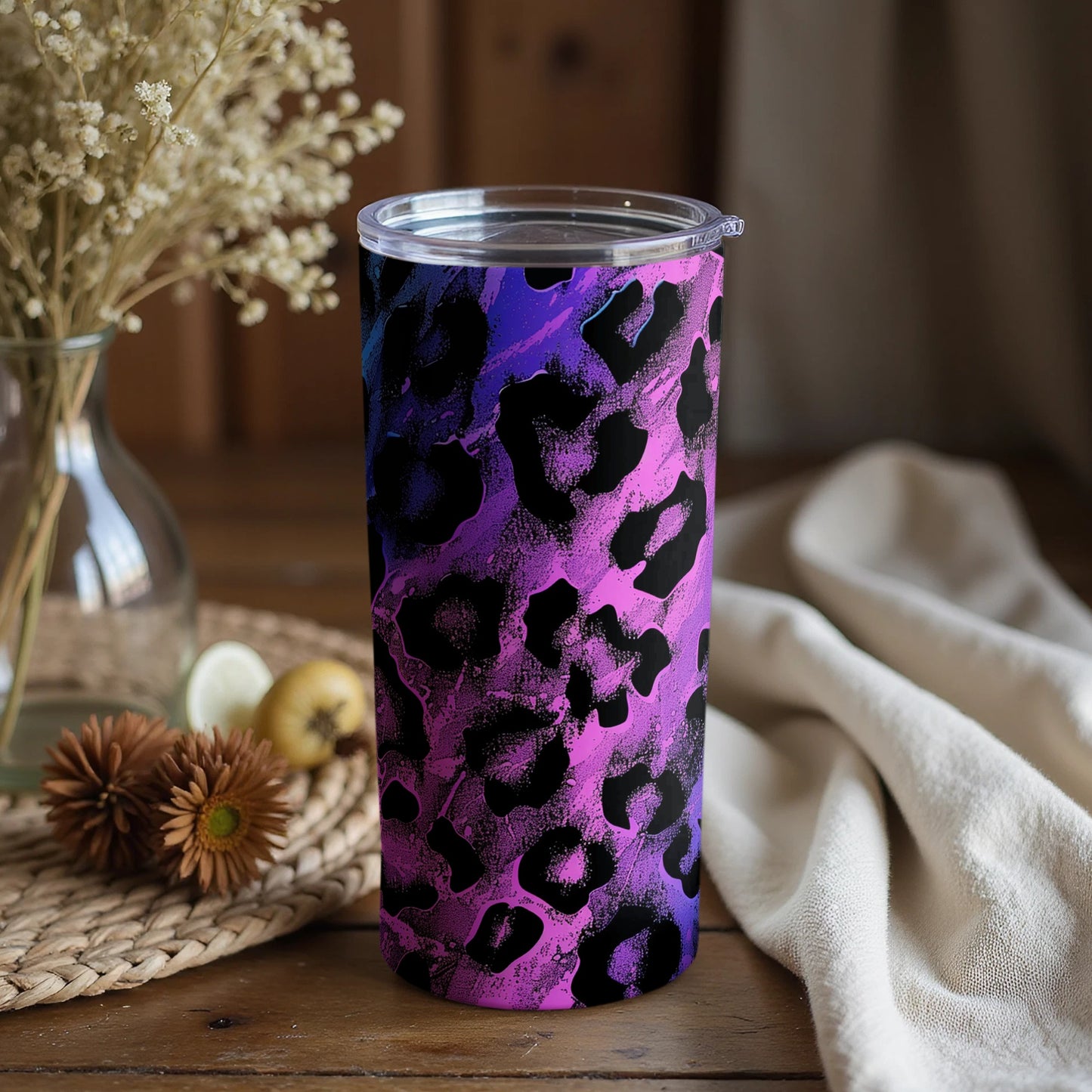 Purple and Black Leopard Print Tumbler Cup