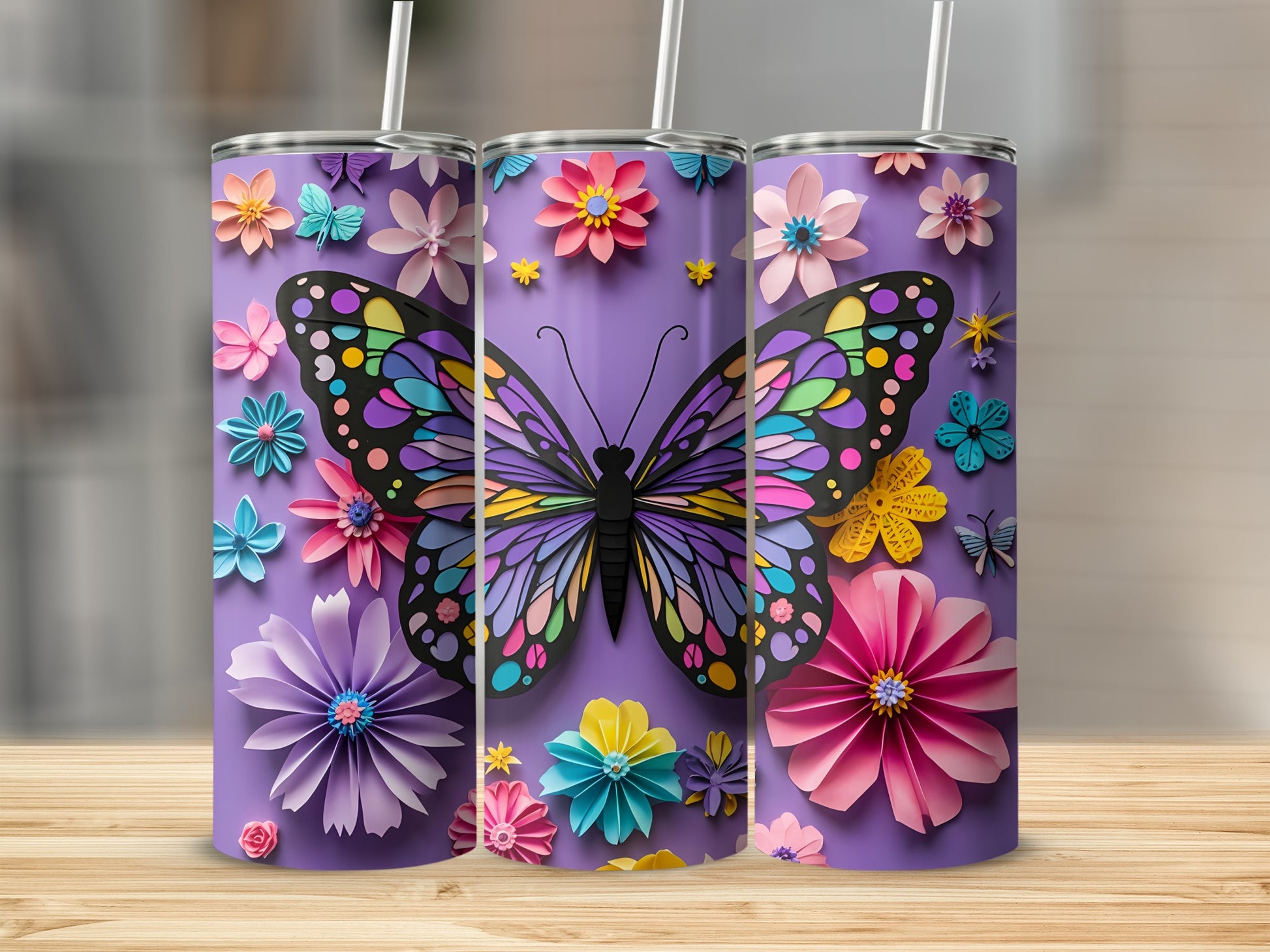 Purple tumblers with colorful butterfly and paper flower designs.