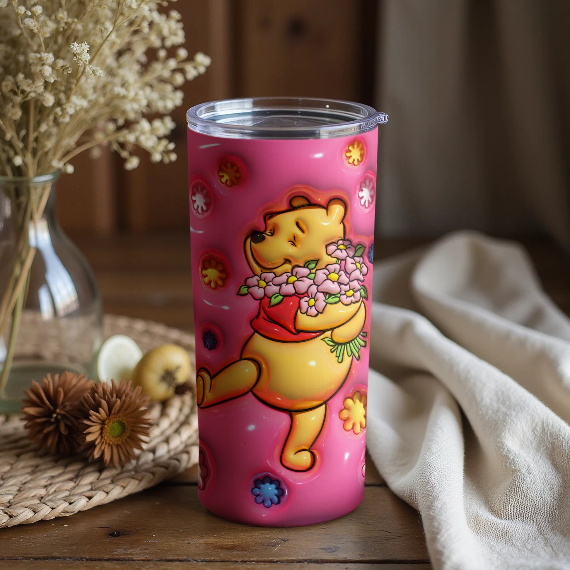 Adorable Pink Tumbler with Cheerful Bear and Flowers
