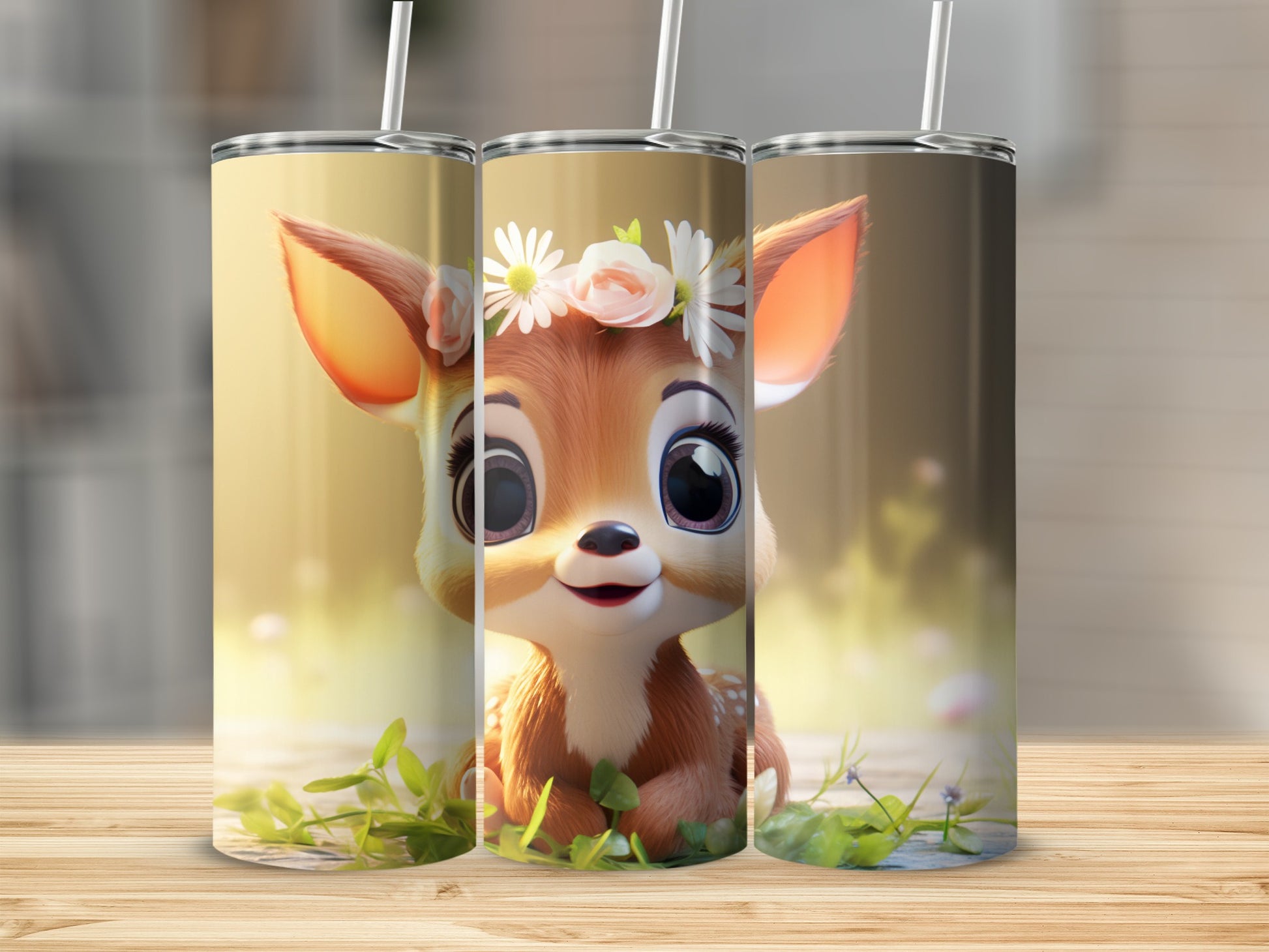 Adorable Cartoon Fawn with Flower Crown Tumbler