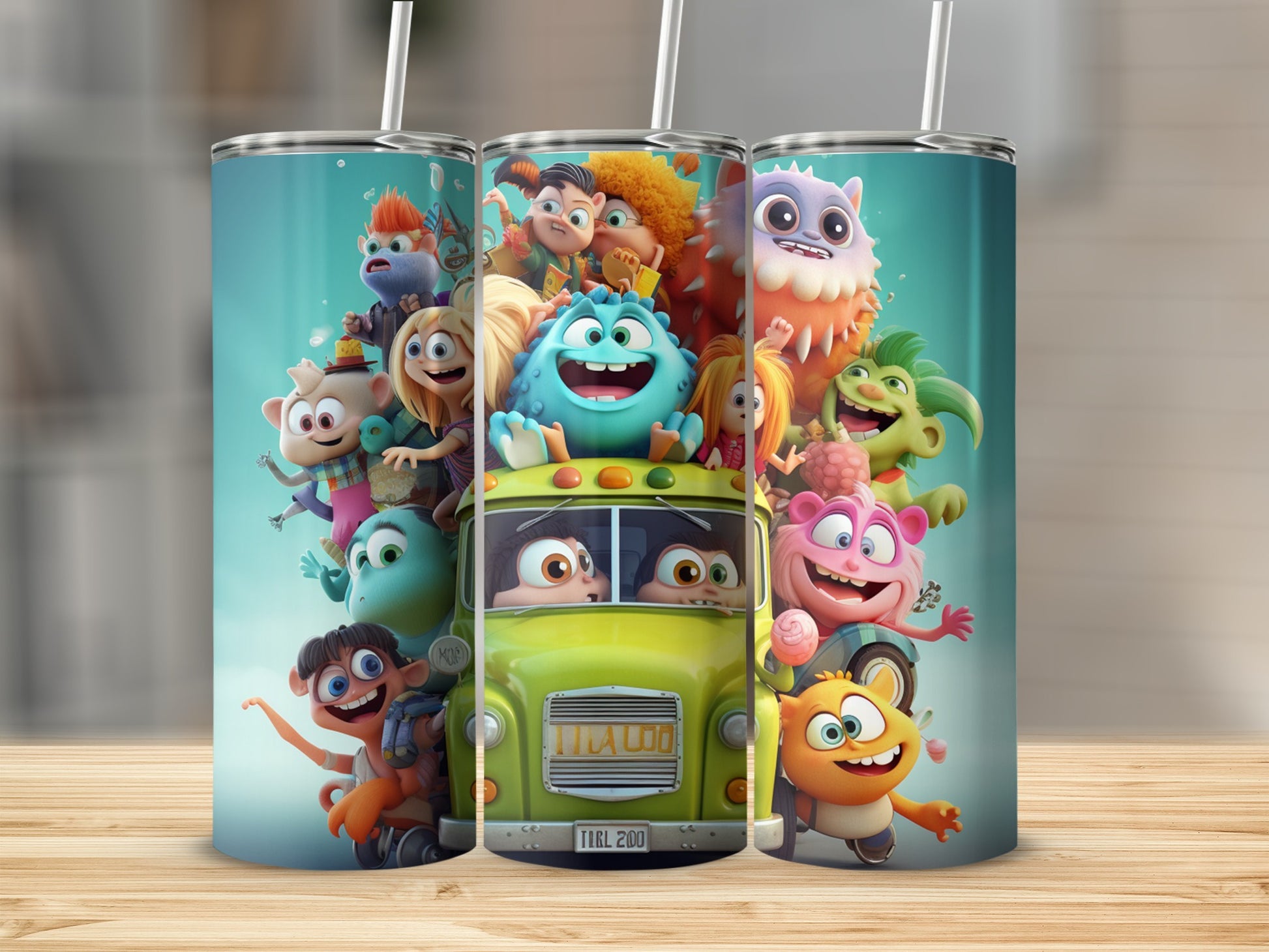 Cartoon monsters and kids piled on a yellow bus with text "Moo Moo" and "Tarl Zoo."