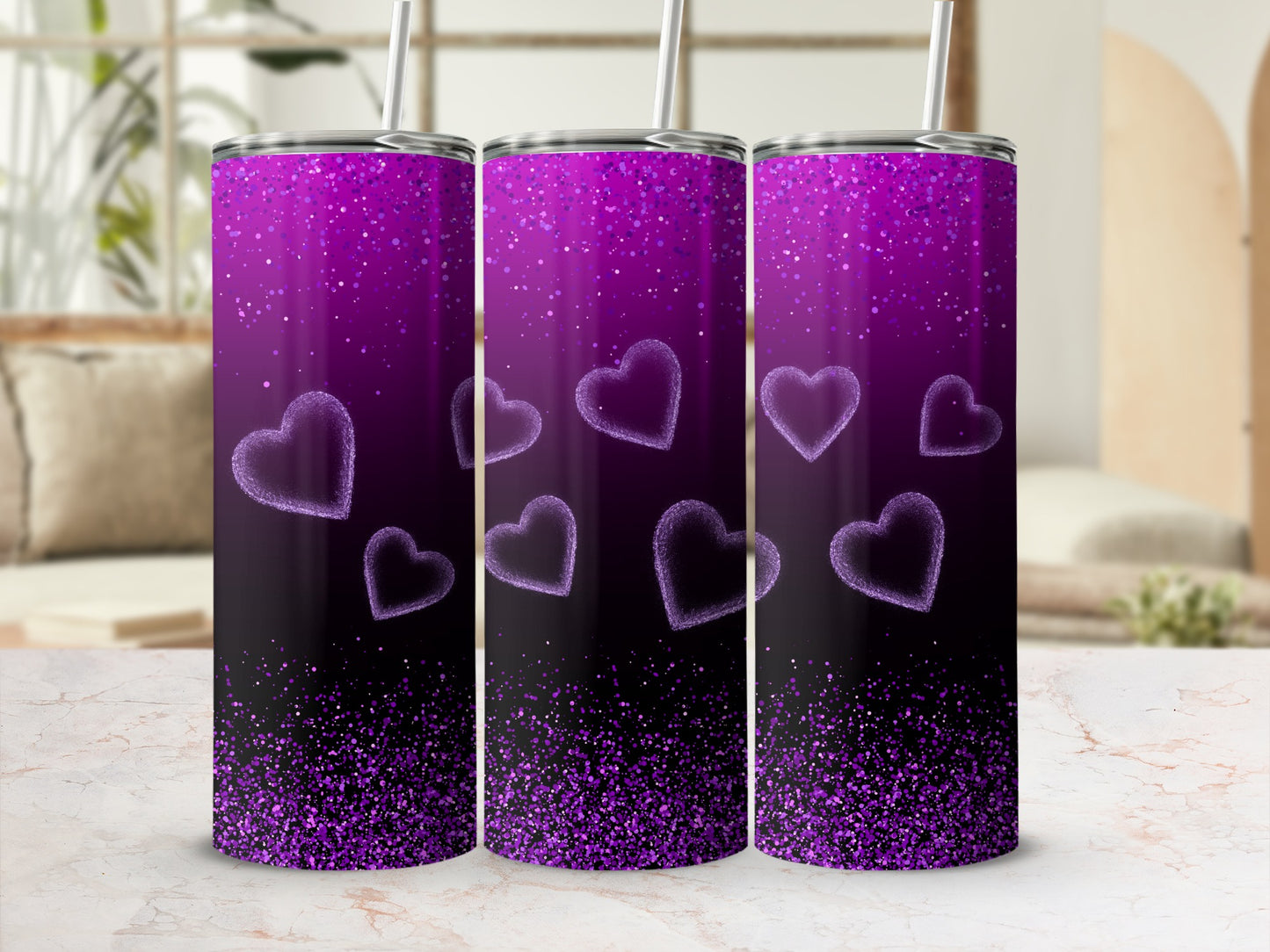 Purple Glitter Tumbler with Heart Design