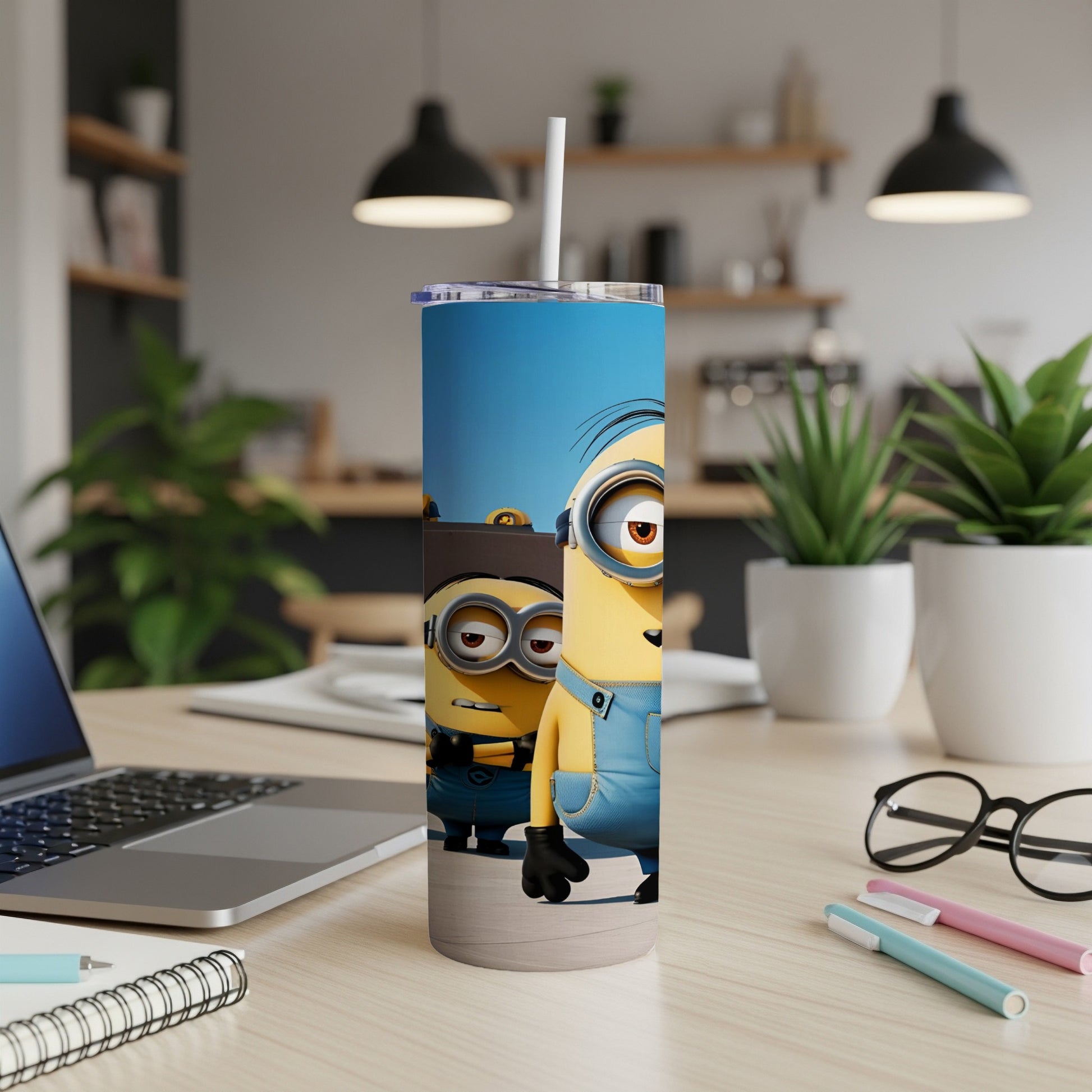 Two Minions in denim overalls on a blue background, on a skinny tumbler.