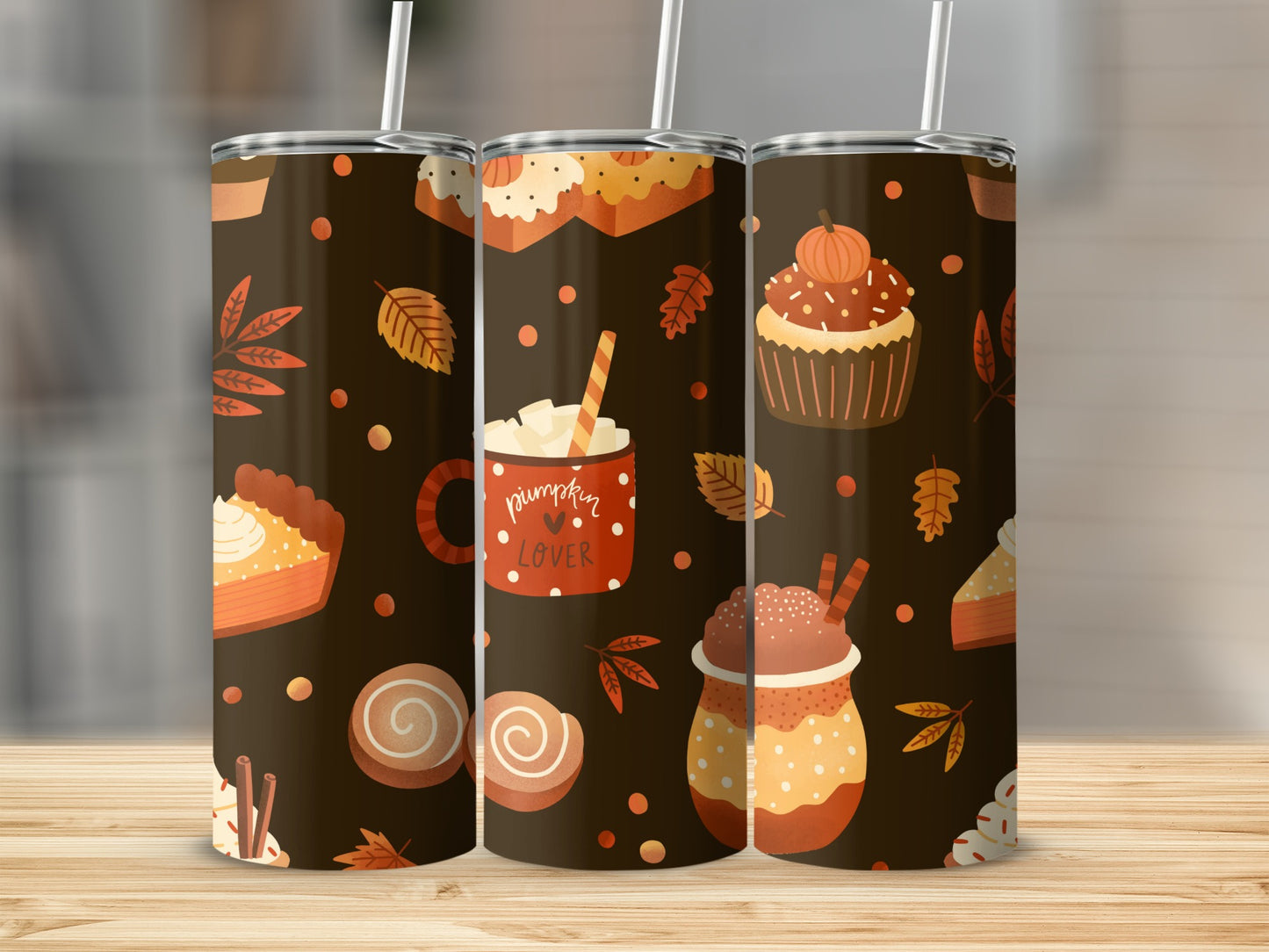 Fall-themed tumbler with pumpkin pie, latte, and cinnamon roll designs.