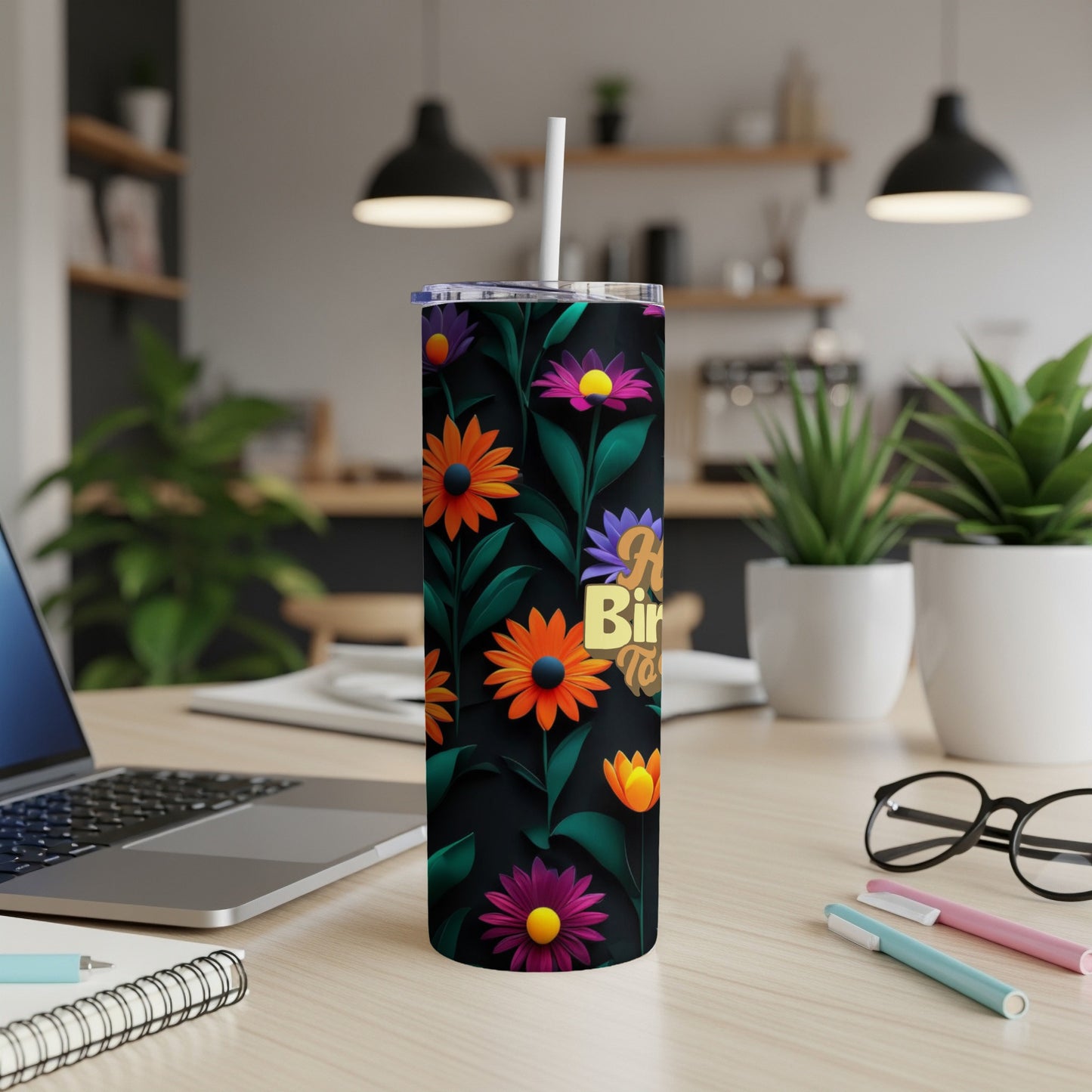 Tumbler with "Happy Birthday" text and colorful floral design.