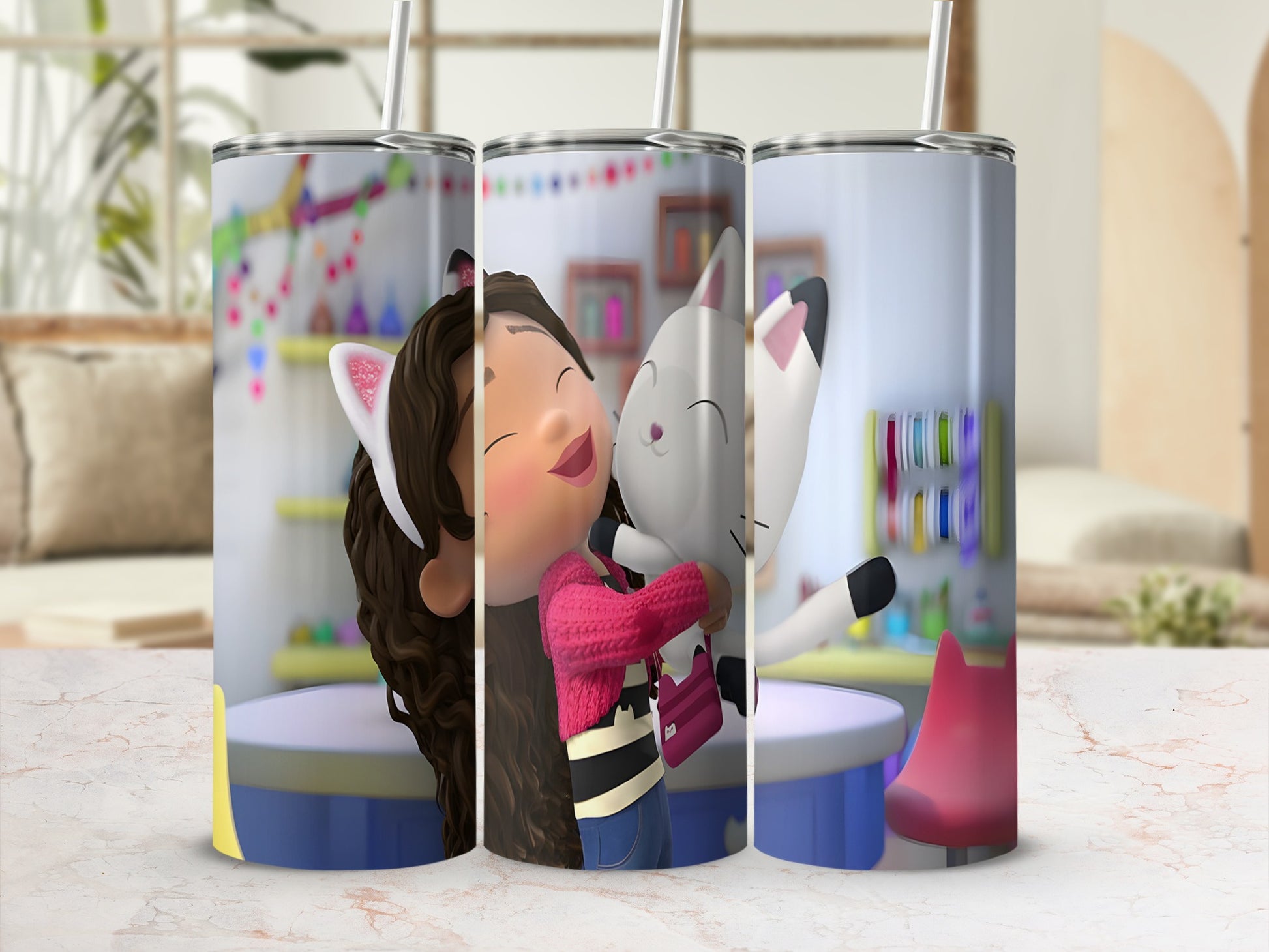 Gabby and Pandy from Gabby's Dollhouse hugging on a tumbler.