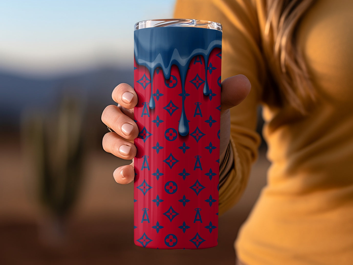 Blue Paint Dripping Red Background Designer Inspired Tumblers