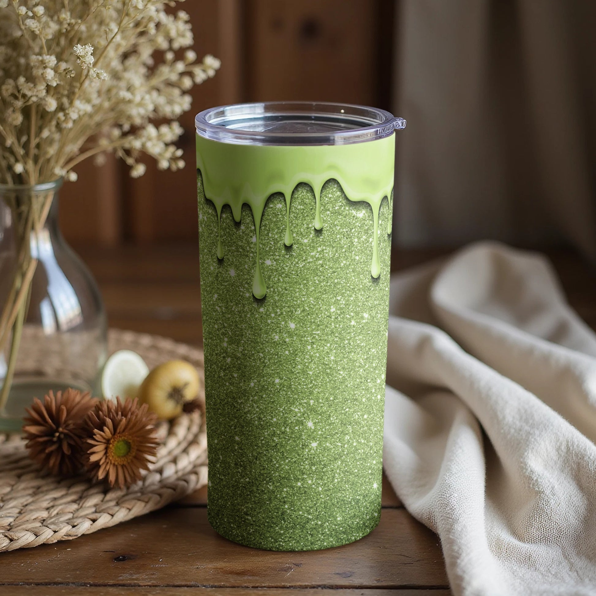 Green Glitter Drip Tumbler Stylish Beverage Holder