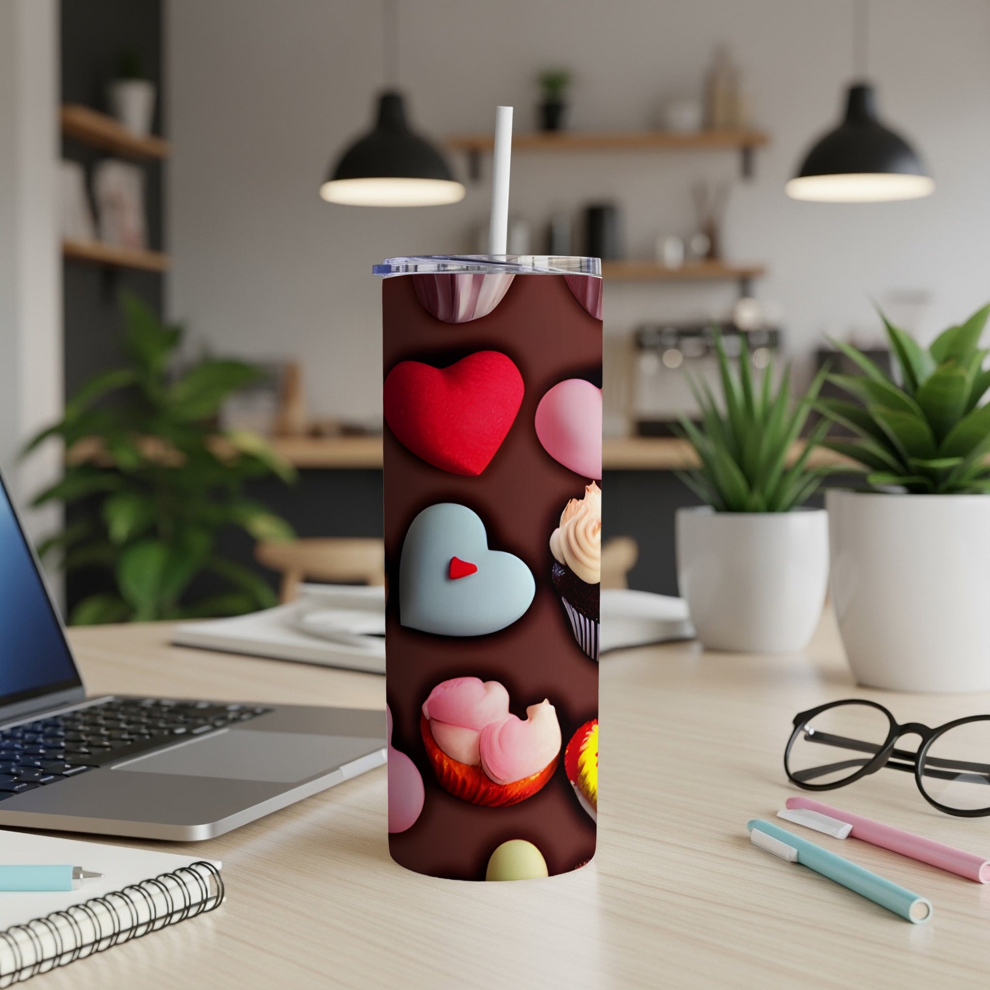 Tall tumbler with hearts and cupcakes design, straw inserted, on a desk.
