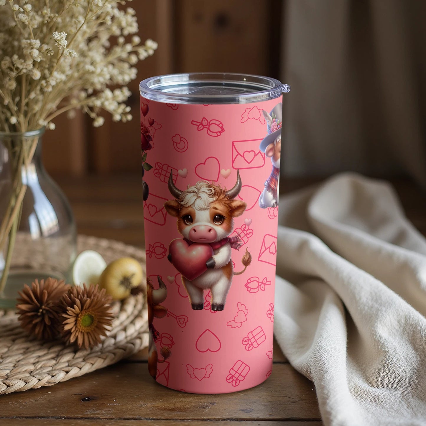 Cute Pink Tumbler with Adorable Cow and Hearts Design