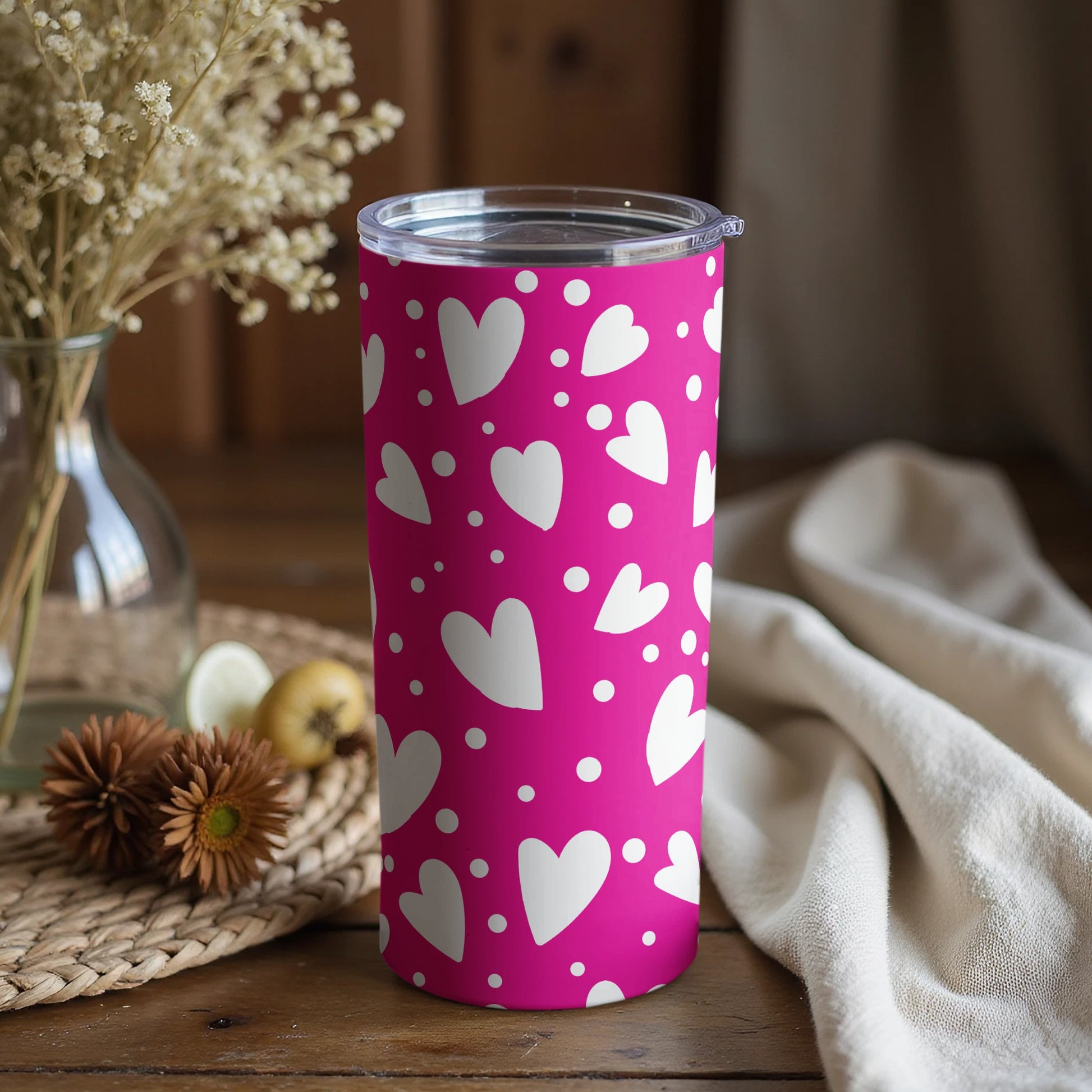 Pink Tumbler with White Hearts Pattern Travel Cup