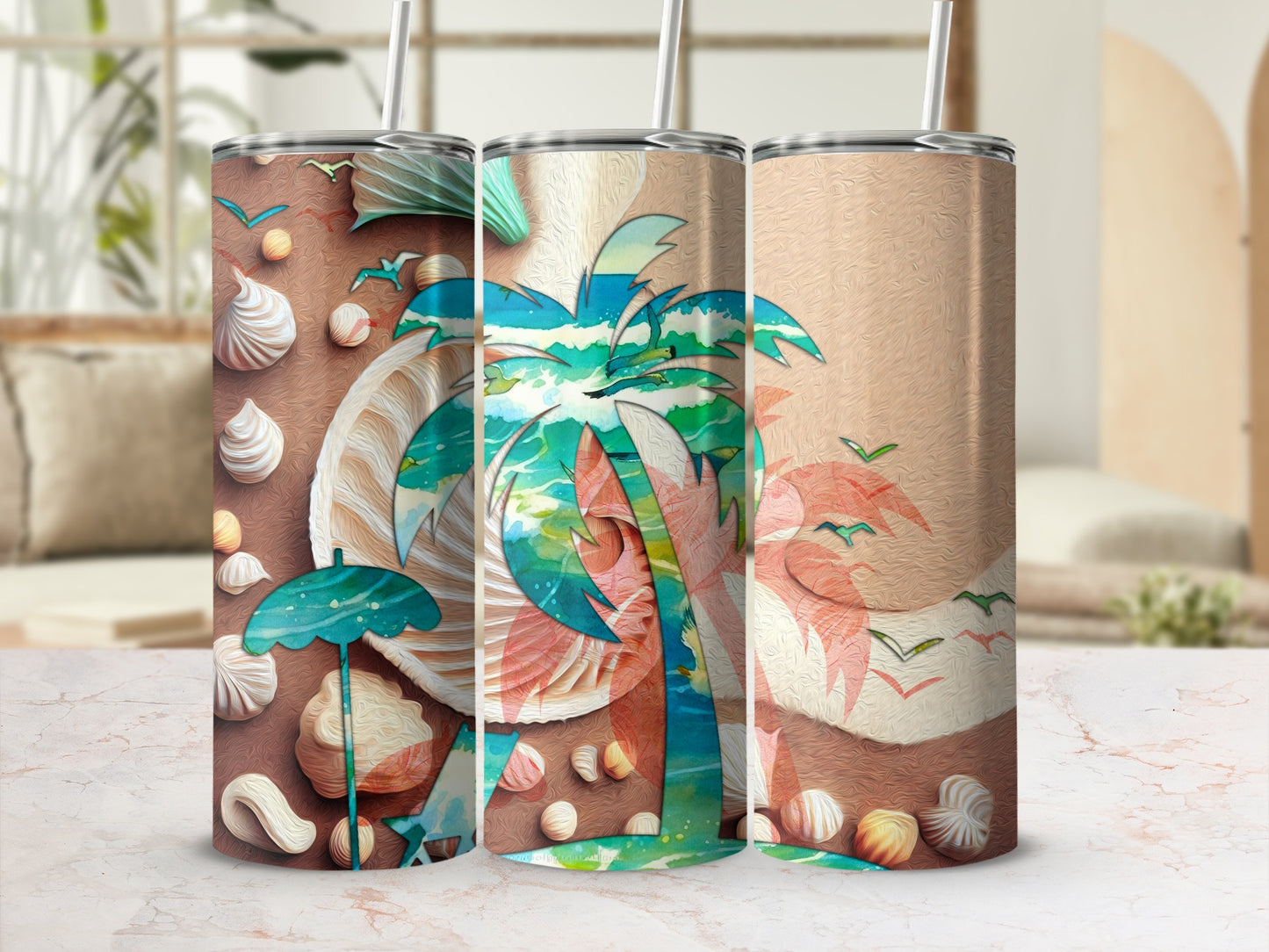 Three tumblers with a tropical beach scene featuring palm trees and seashells.