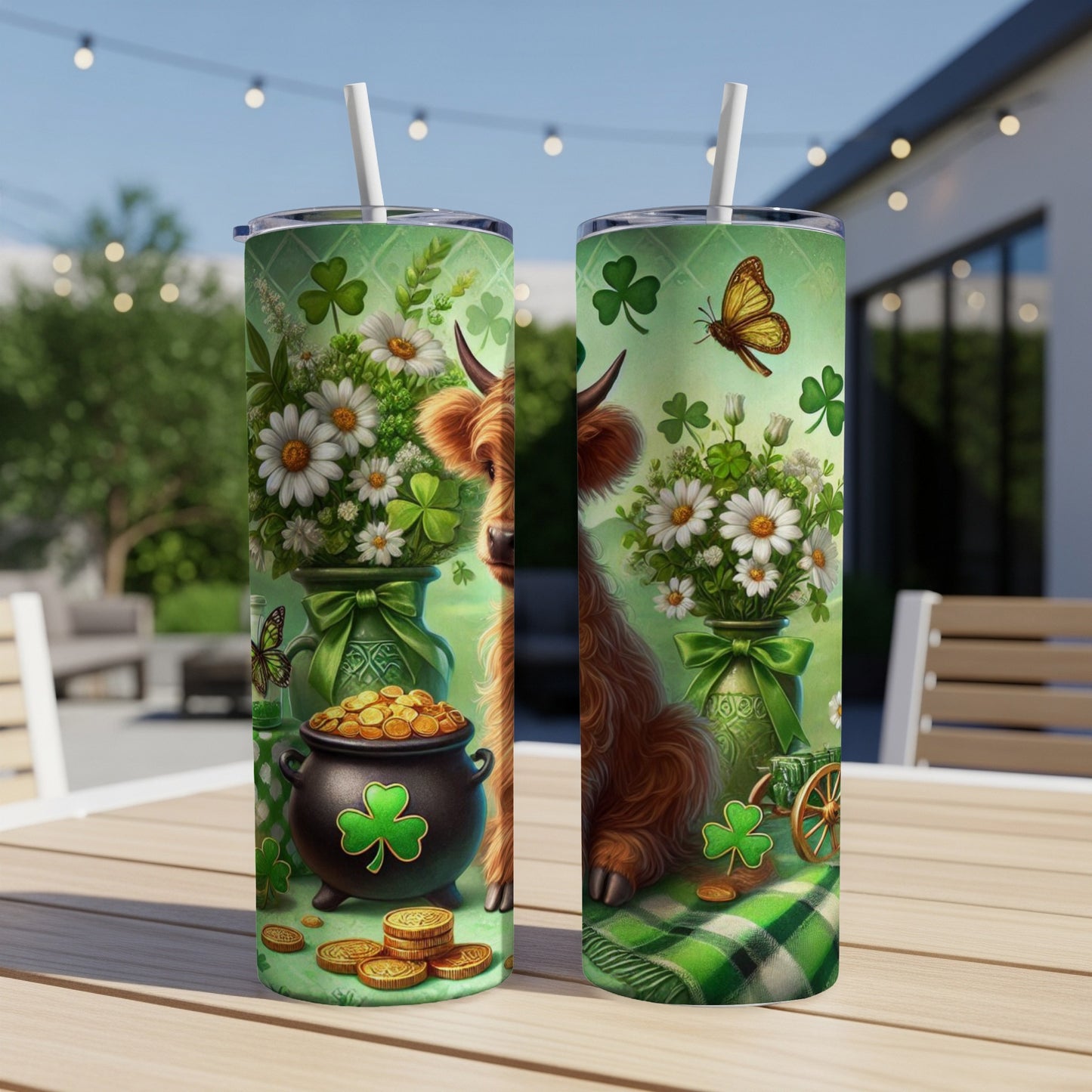 St. Patrick's Day themed tumblers with cow, shamrocks, and pot of gold.