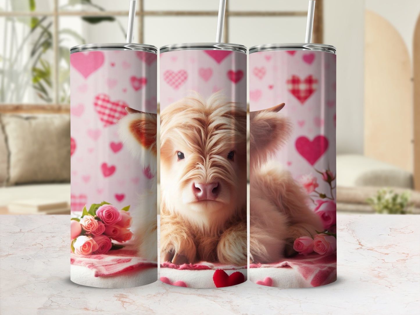 Adorable Cow with Pink Hearts Design Tumbler Cup