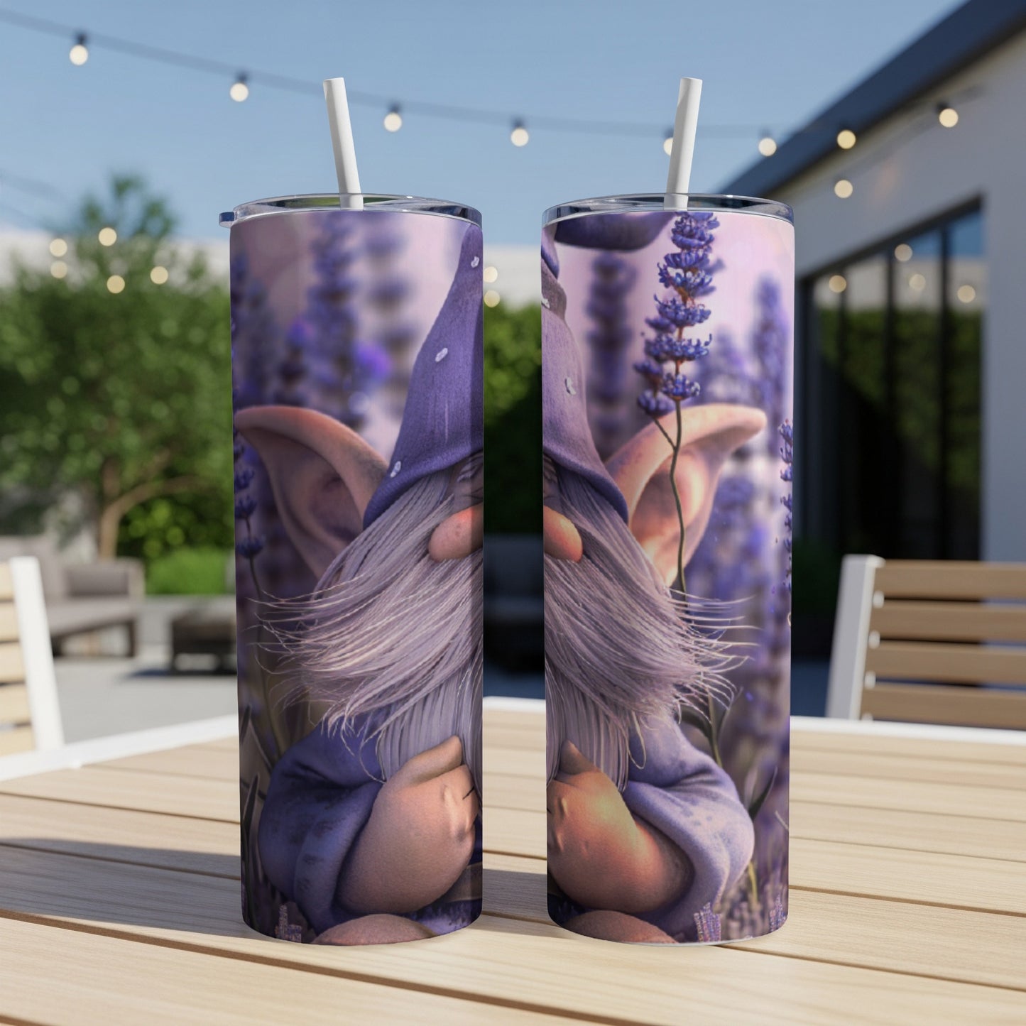 Two tumblers with a gnome in a purple hat surrounded by lavender.