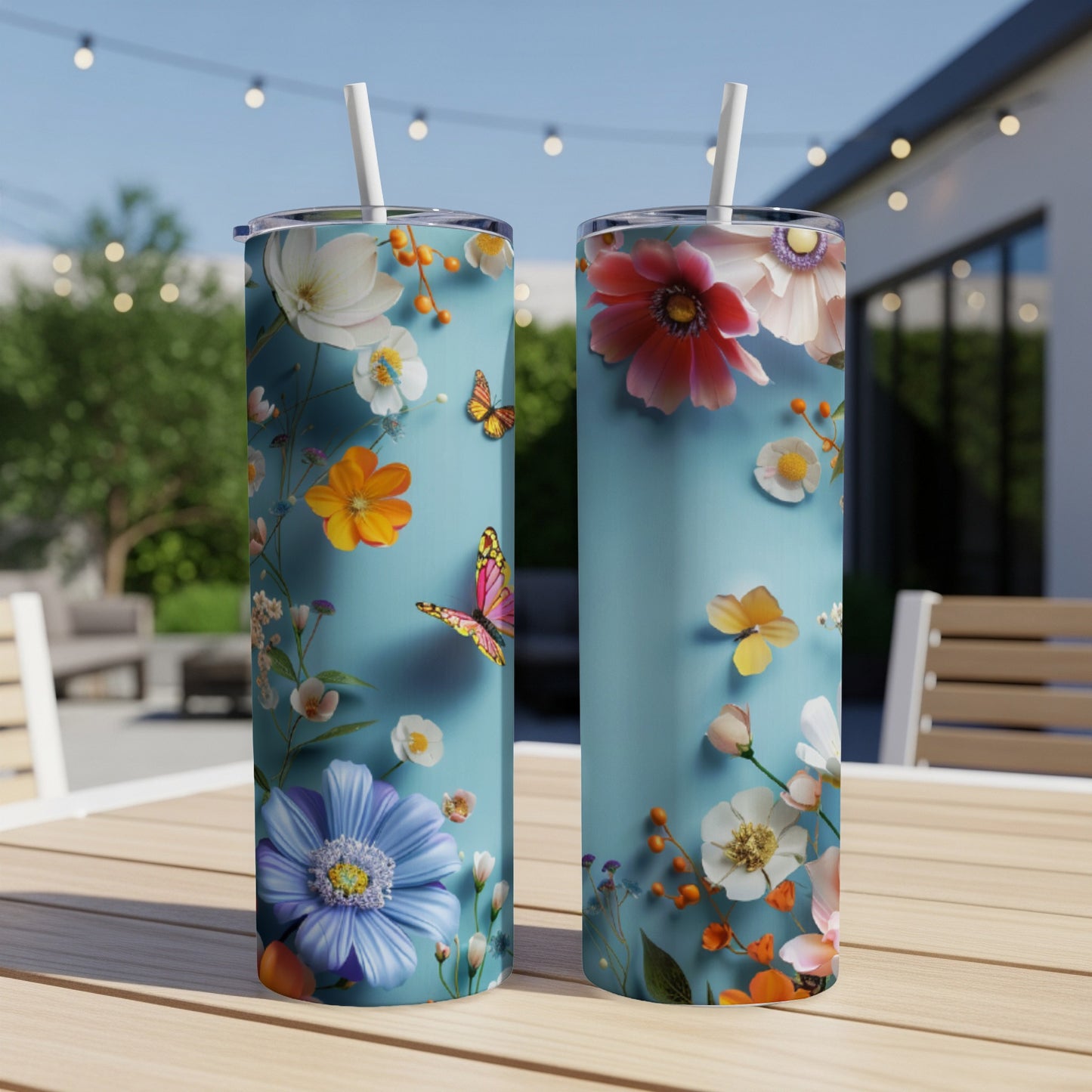 Two blue tumblers with a colorful floral and butterfly pattern.