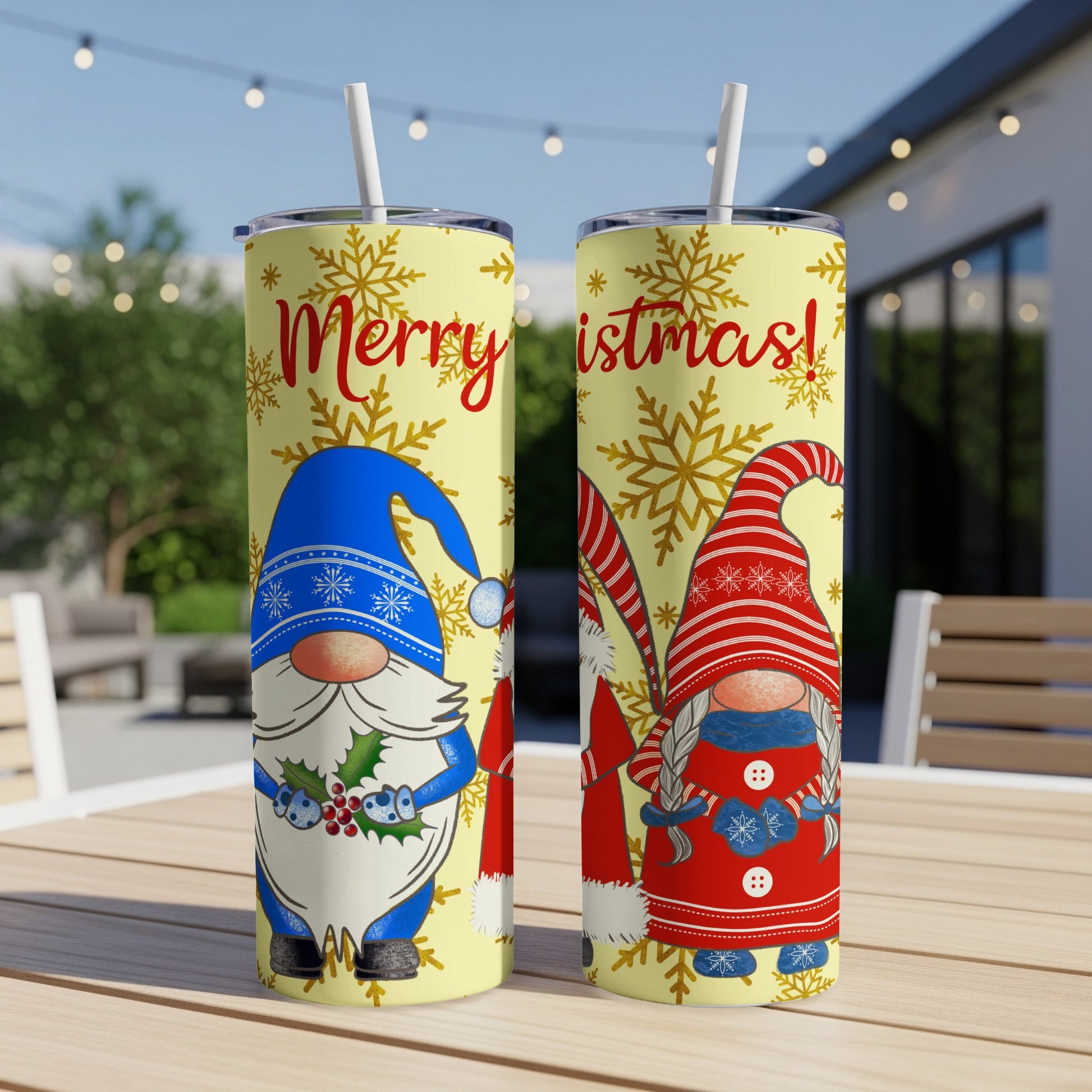 Two tumblers with gnomes and "Merry Christmas!" text against yellow background.