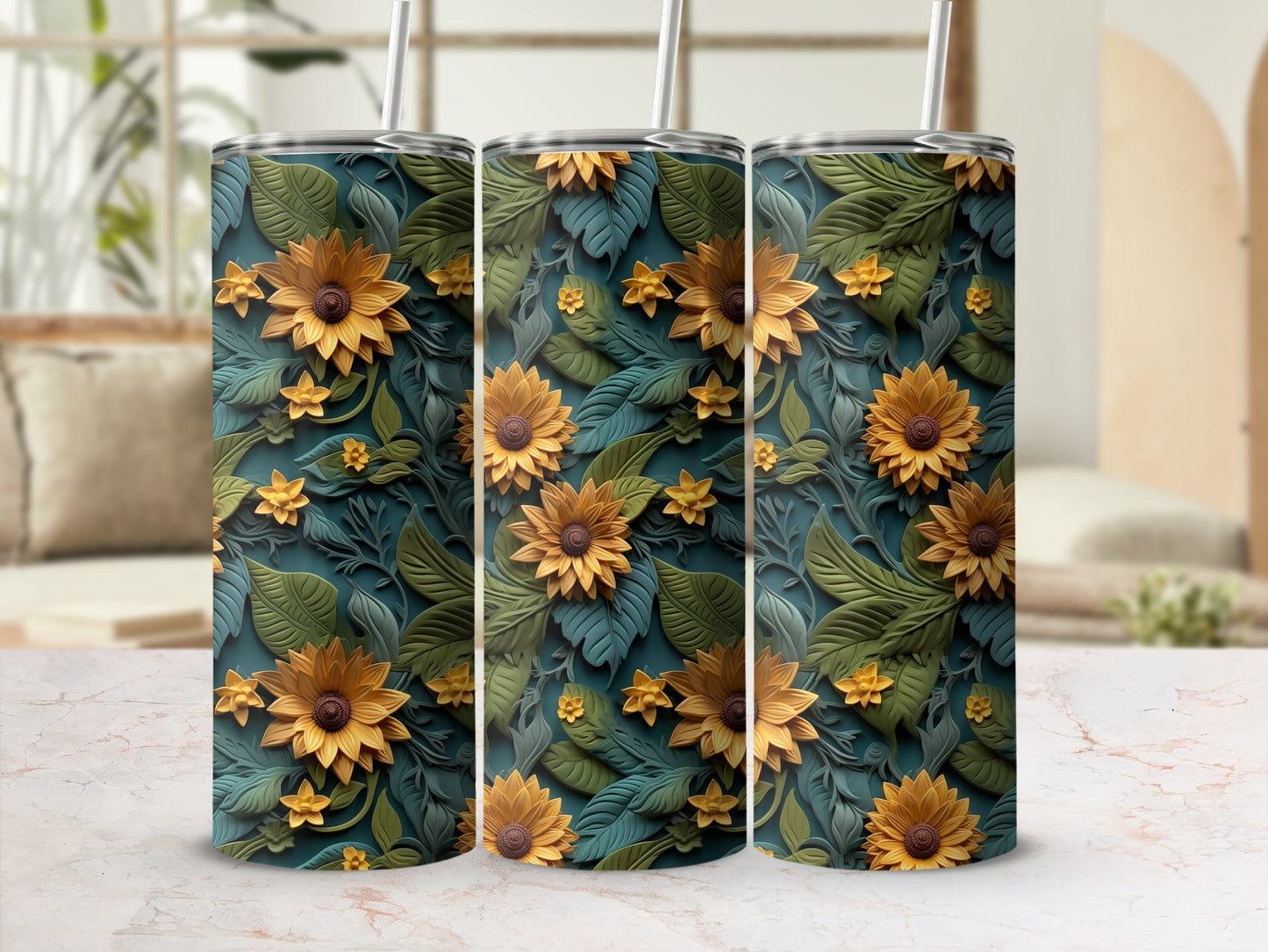 Sunflower and Leaf Pattern Tumbler Design