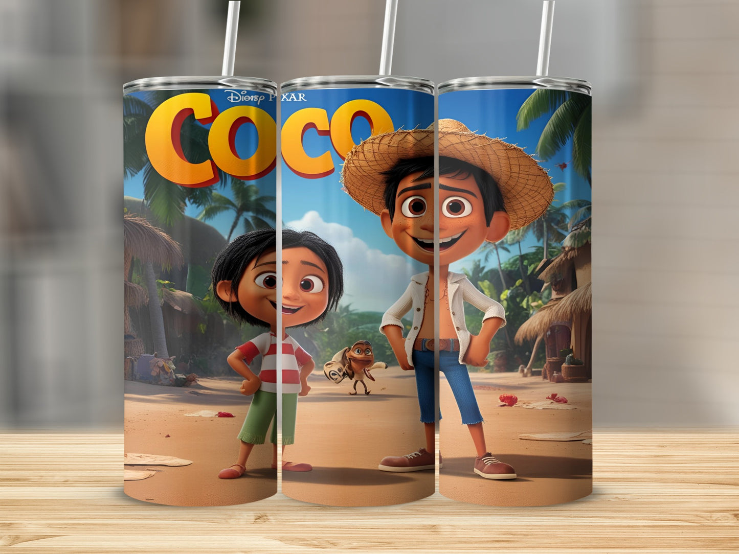 Miguel and Hector from Disney Pixar's Coco on a beach, holding a straw.